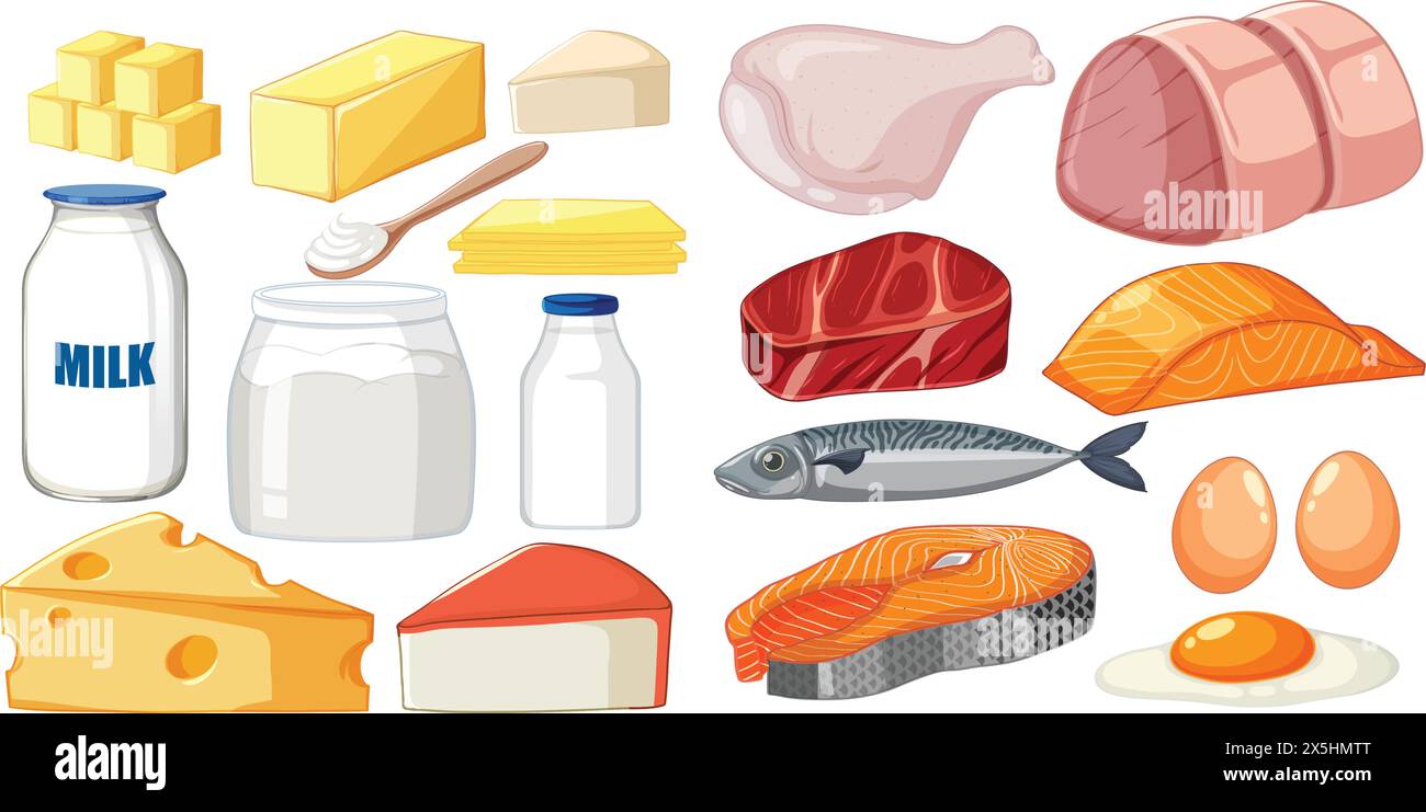 Vector illustrations of dairy and meat products Stock Vector