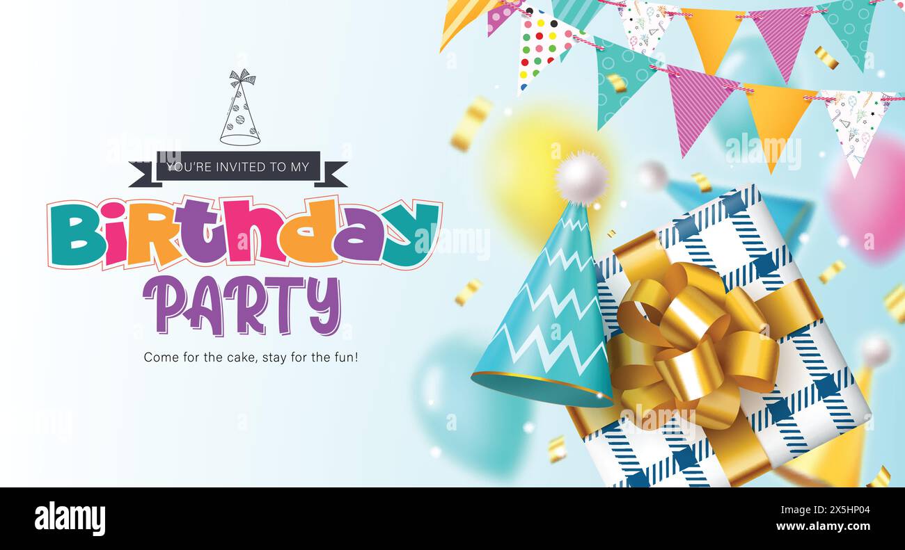 Birthday party vector template design. Happy birthday invitation card with gift box, party hat  and streamers decoration elements for greeting Stock Vector