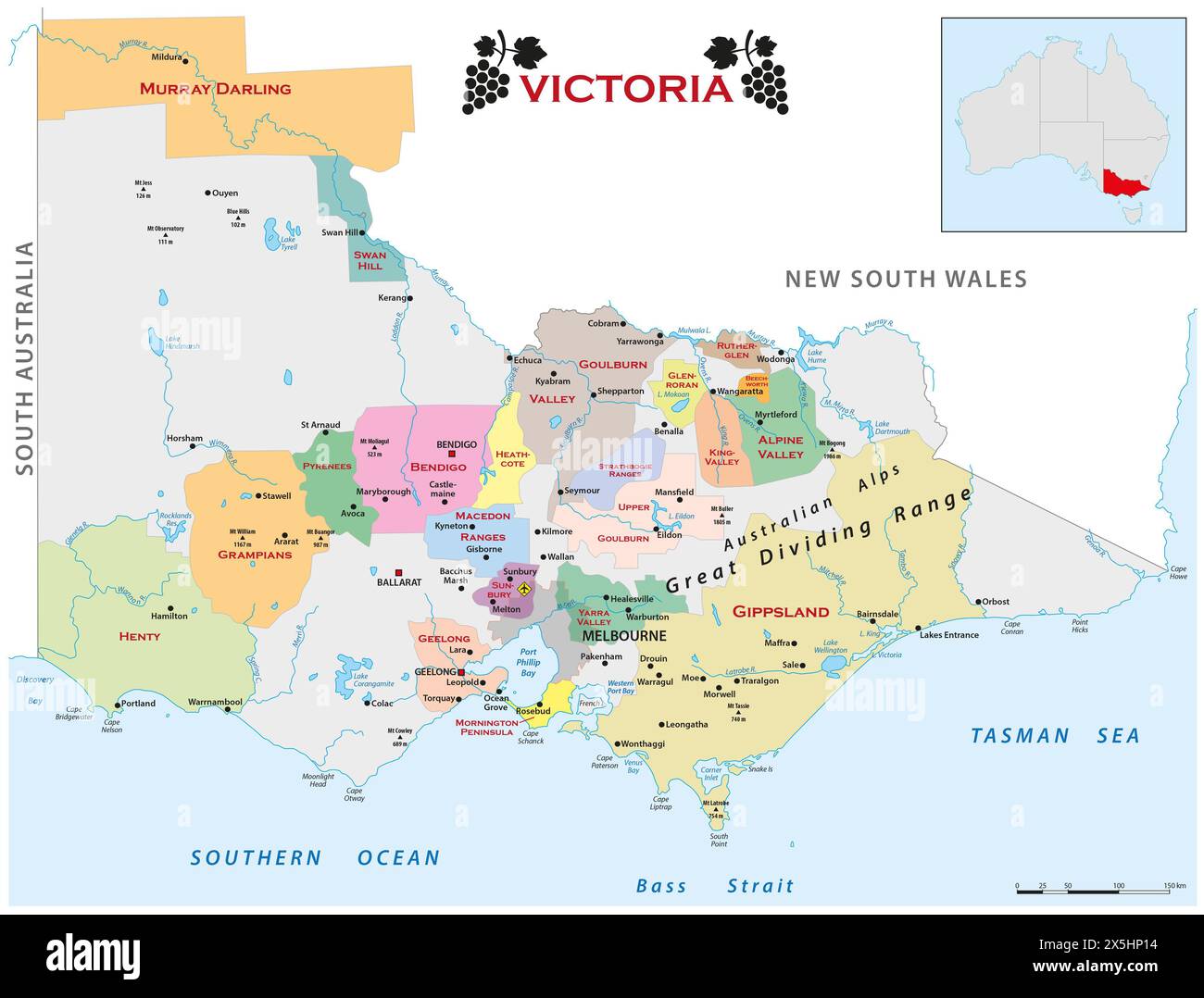 Vector map of the wine growing regions of the Australian state of Victoria Stock Photo