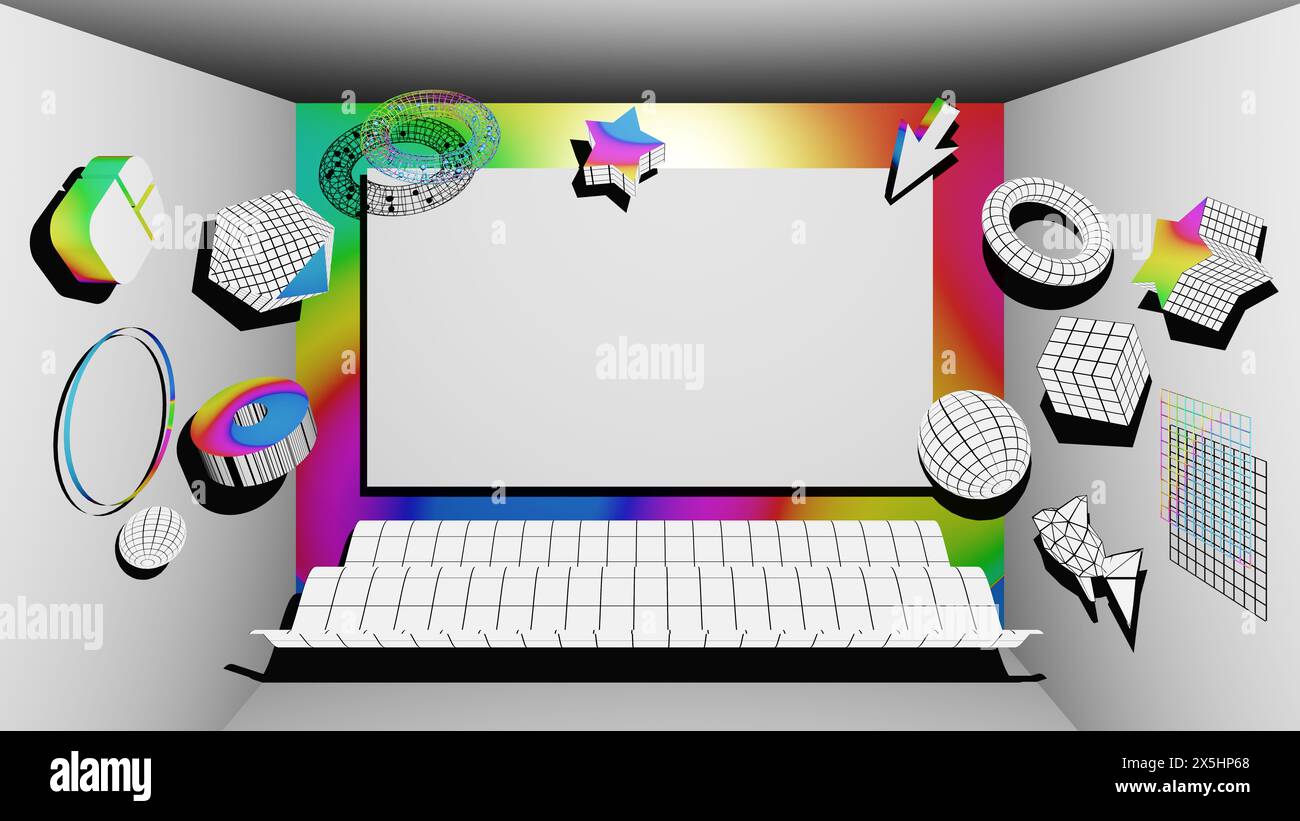 16:9 Mockup, Modern Geometric Background with Iridescent Gradients and 3D Grids, Space For Your Text and Design Stock Photo
