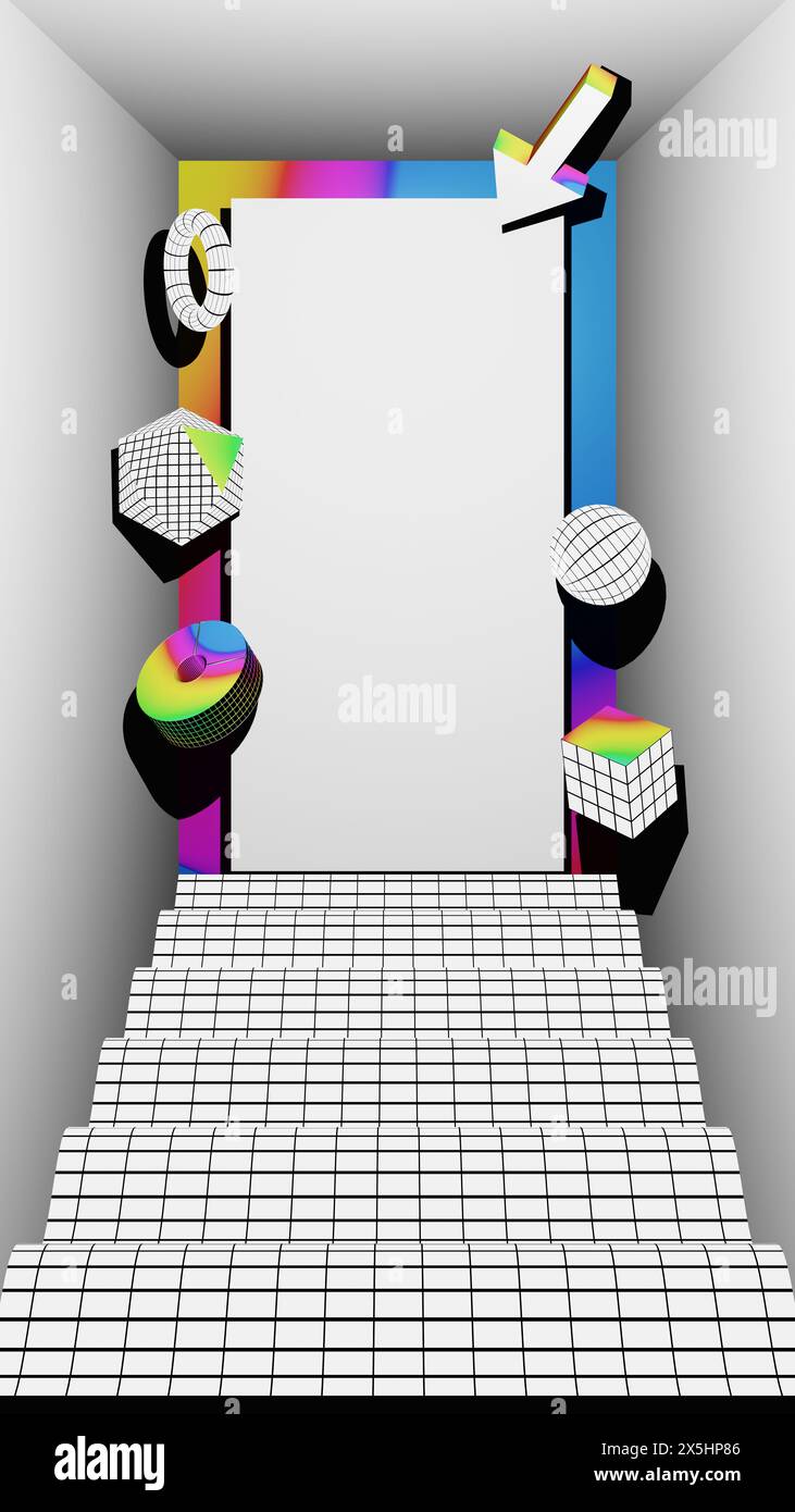 16:9 Vertical Mockup, Modern Geometric Background with Iridescent Gradients and 3D Grids, Space For Your Text and Design Stock Photo