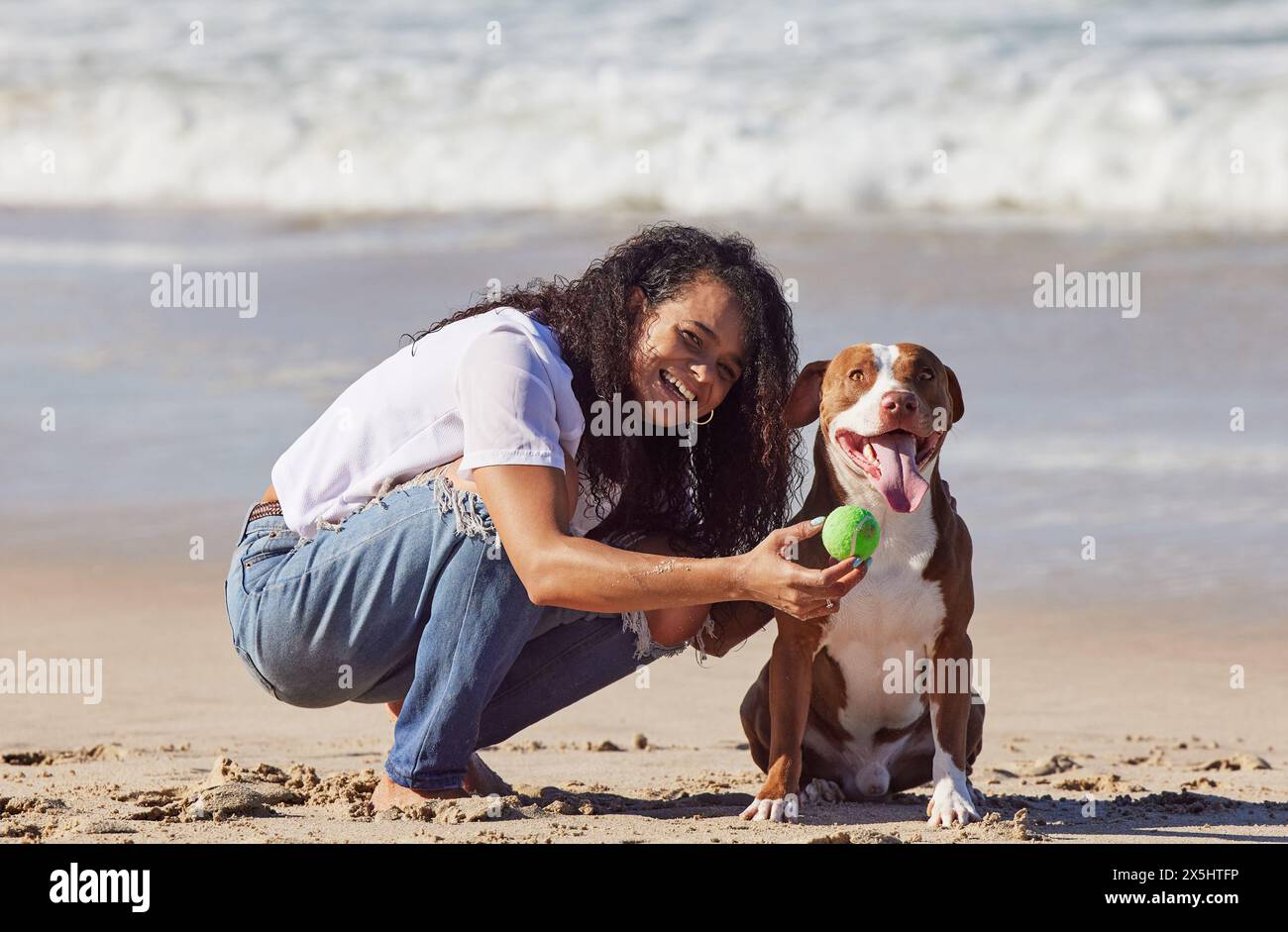 Beach, woman and dog with ball, smile and fun exercise, healthy energy or happy animal in nature. Ocean, games and playful pitbull with outdoor Stock Photo