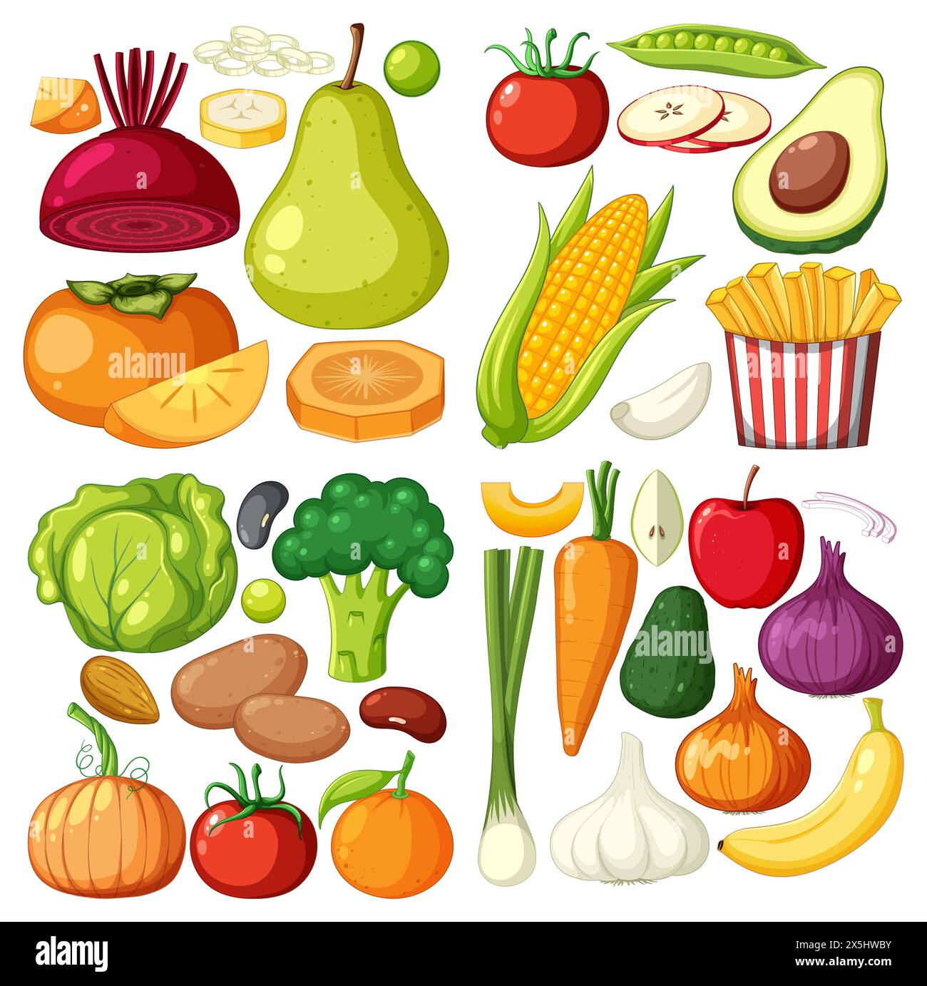 Vector illustration of various fresh fruits and vegetables Stock Photo ...