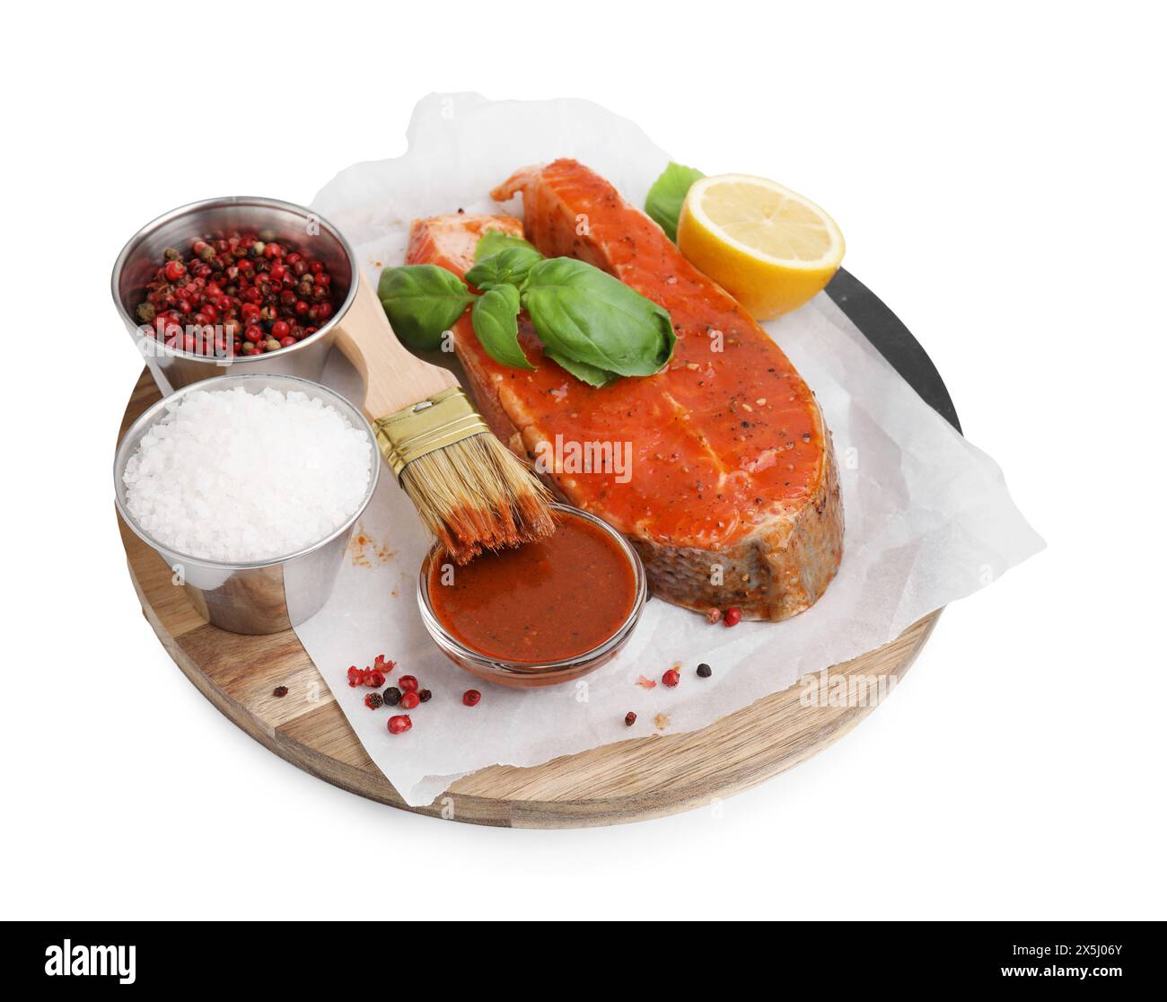 Fresh marinade, fish and other products isolated on white Stock Photo