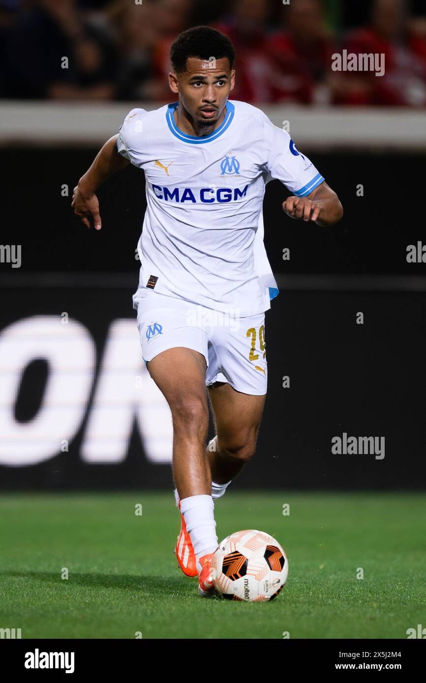 Bergamo, Italy. 9 May 2024. Iliman Ndiaye of Olympique de Marseille in action during the UEFA Europa League semi-final second leg football match between Atalanta BC and Olympique de Marseille. Credit: Nicolò Campo/Alamy Live News Stock Photo