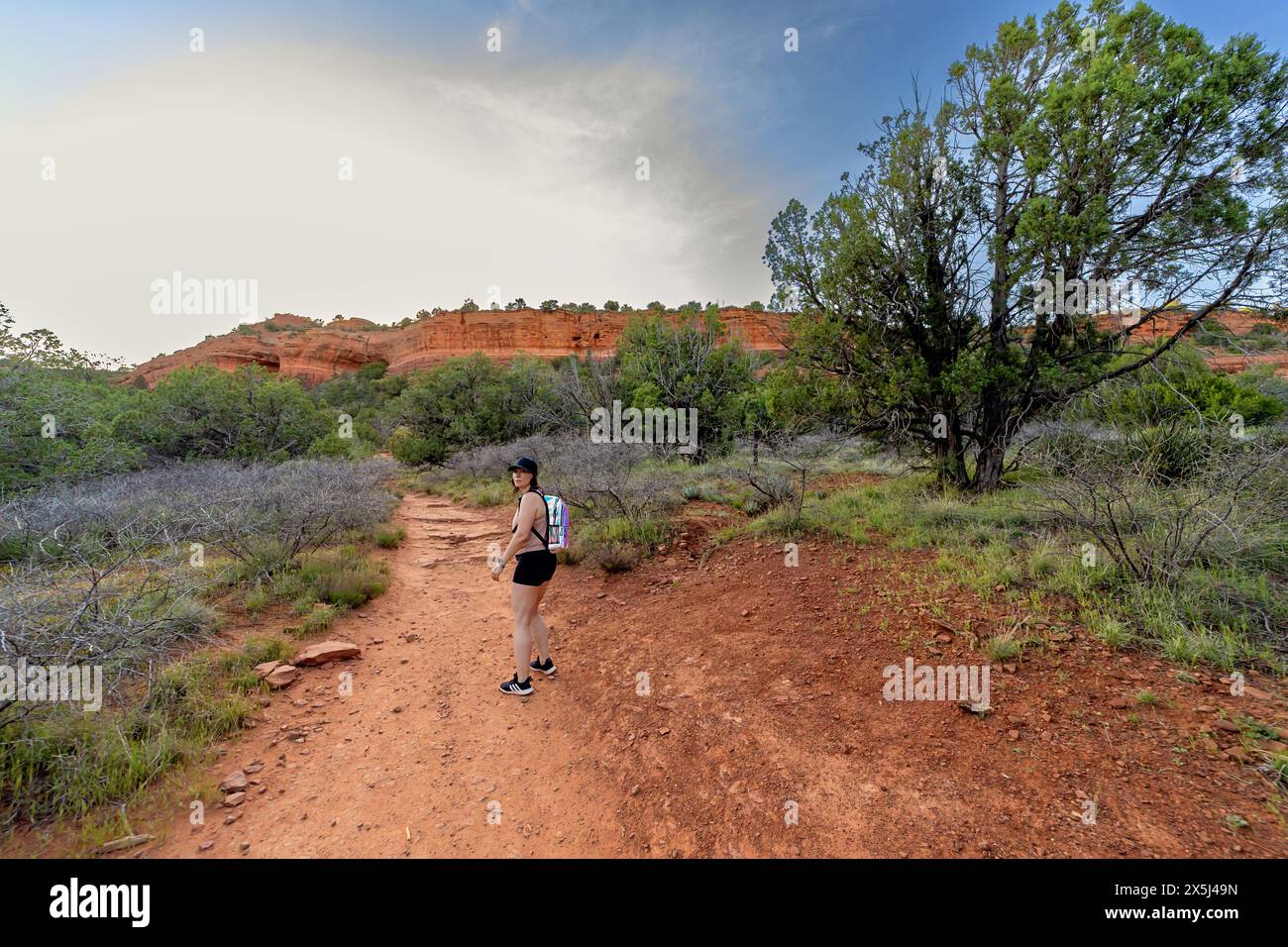 Woman hiking in Arizona desert with view of red rocks Stock Photo