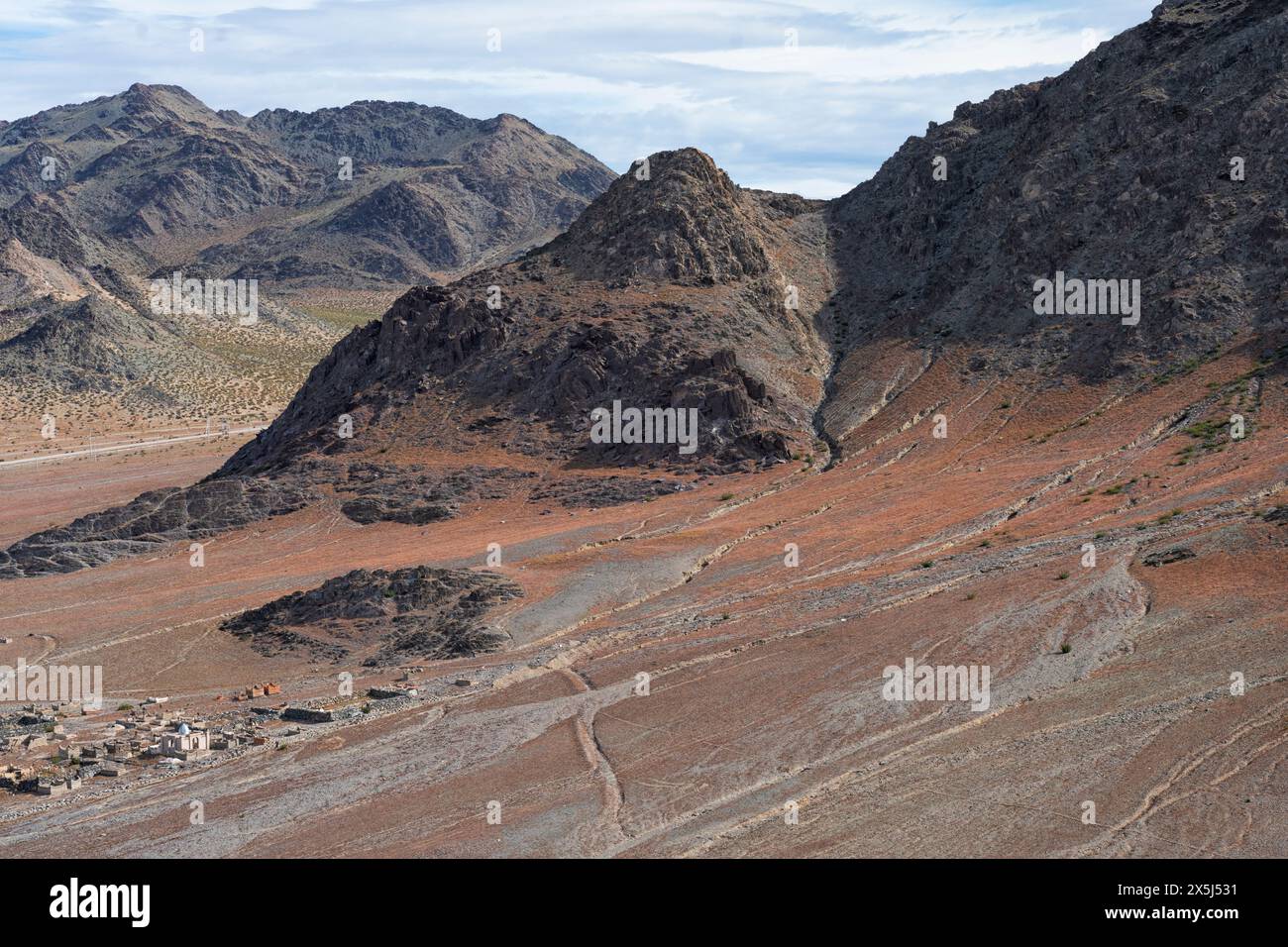 Asia, Mongolia, Bayan-Olgii Province, Olgii. The mountains surrounding Olgii are rough and rocky. Stock Photo