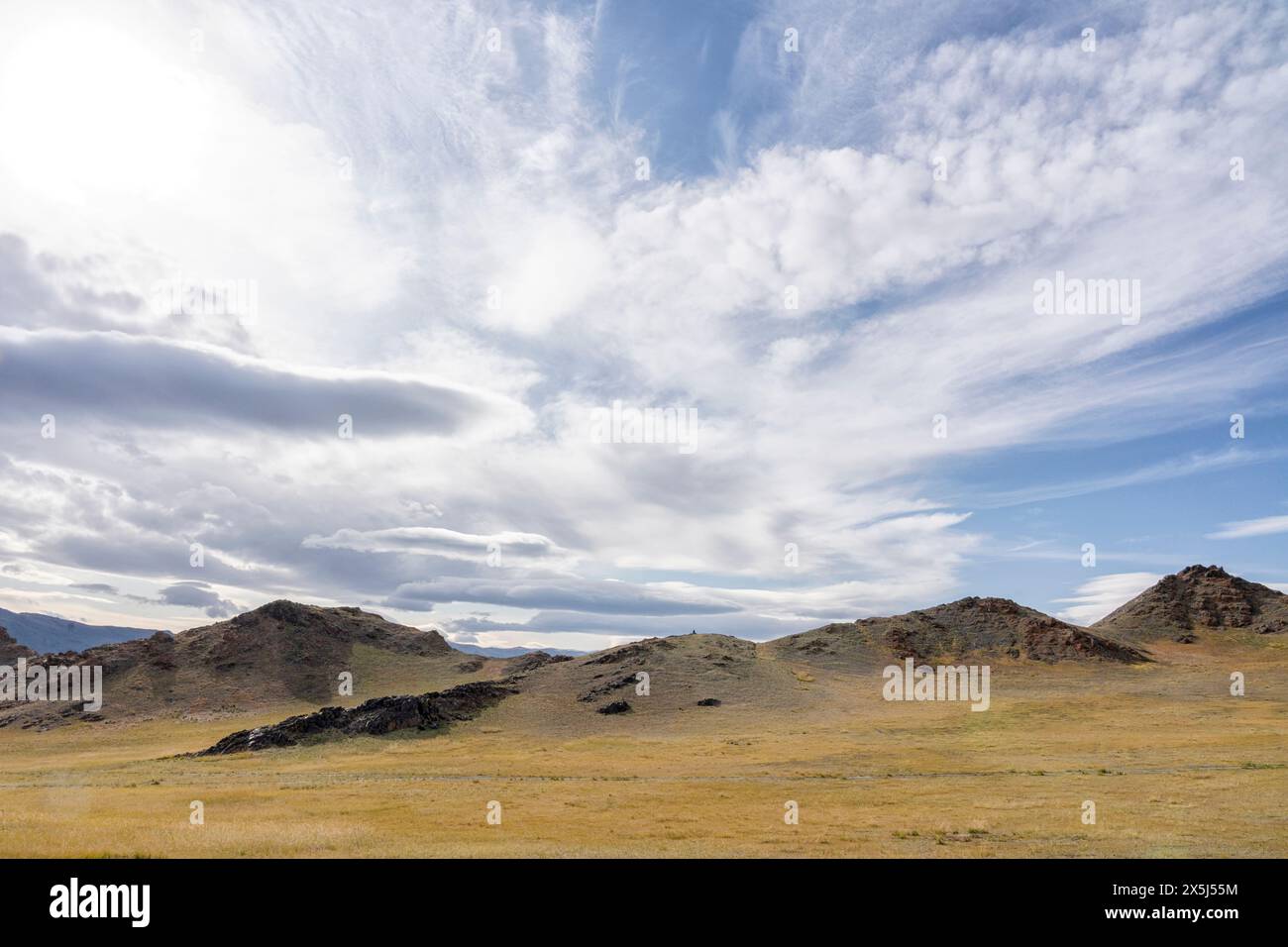 Asia, Mongolia, Bayan-Olgii Province. Rocky outcrops are typical of the landscape in this province. Stock Photo