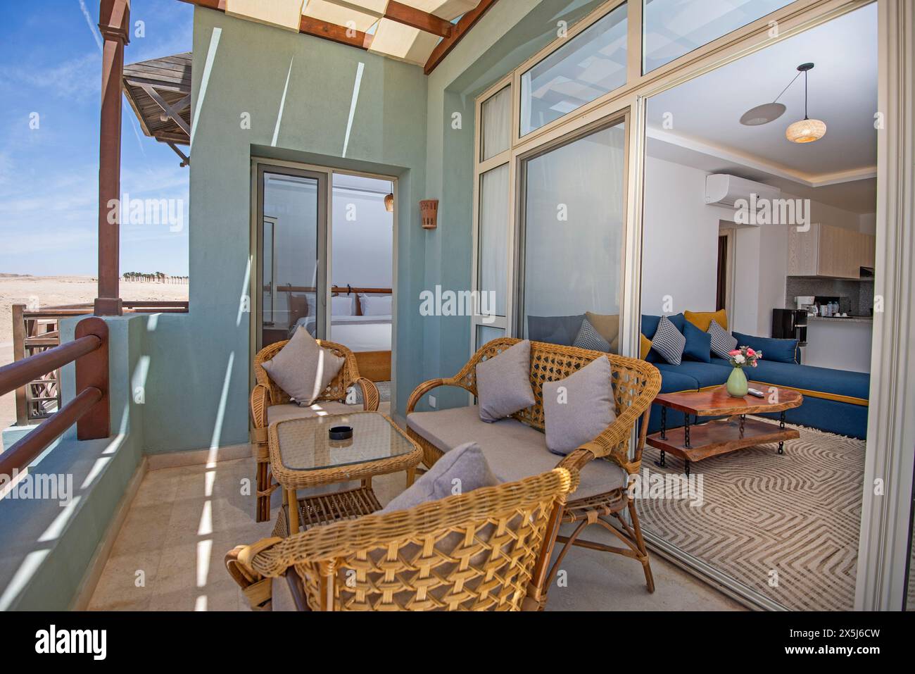 Terrace furniture of a luxury apartment in tropical resort with ...