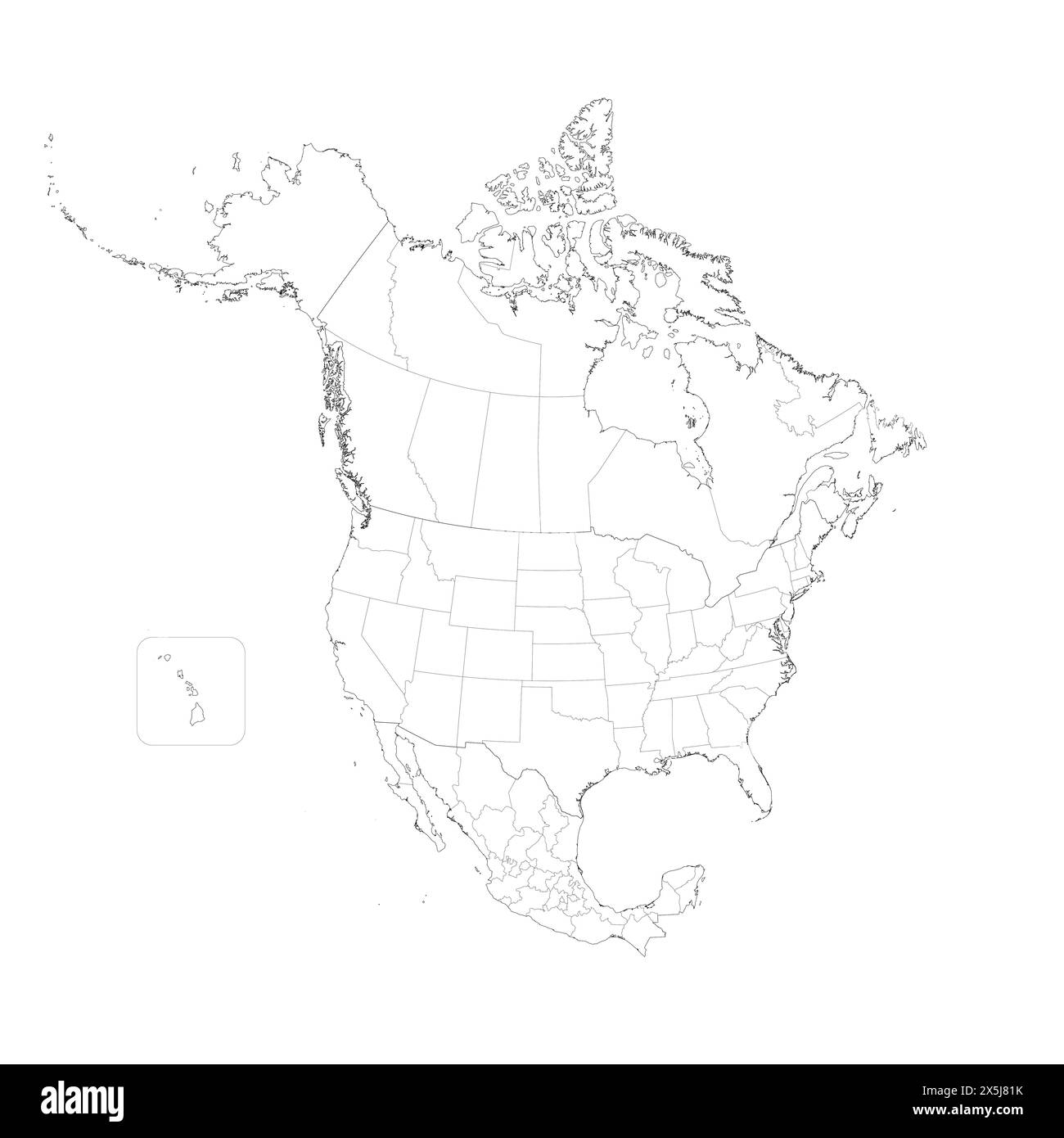 Political map of North American countries Canada, United States of America and Mexico with administrative divisions. Thin black outline map with countries and states name labels. Vector illustration Stock Vector