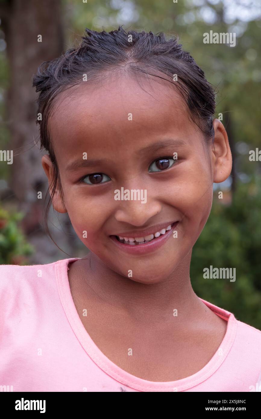 Vietnam. Girl posing at Khmer Buddhist temple. (Editorial Use Only) Stock Photo