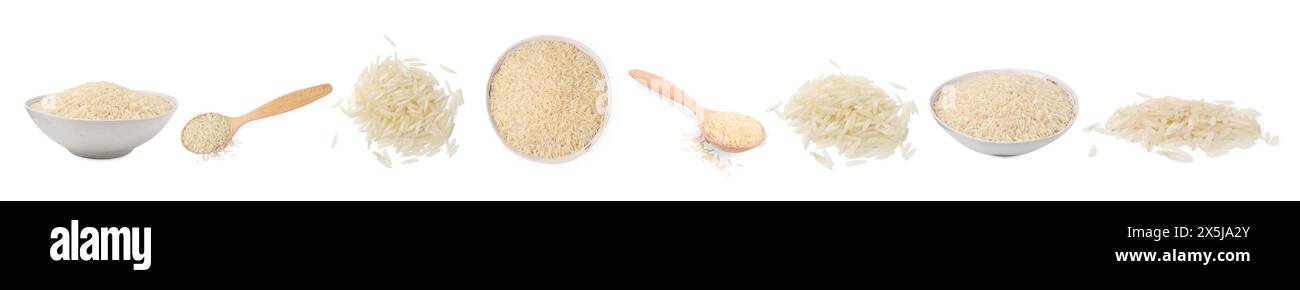 Set with uncooked rice isolated on white, top and side views Stock ...