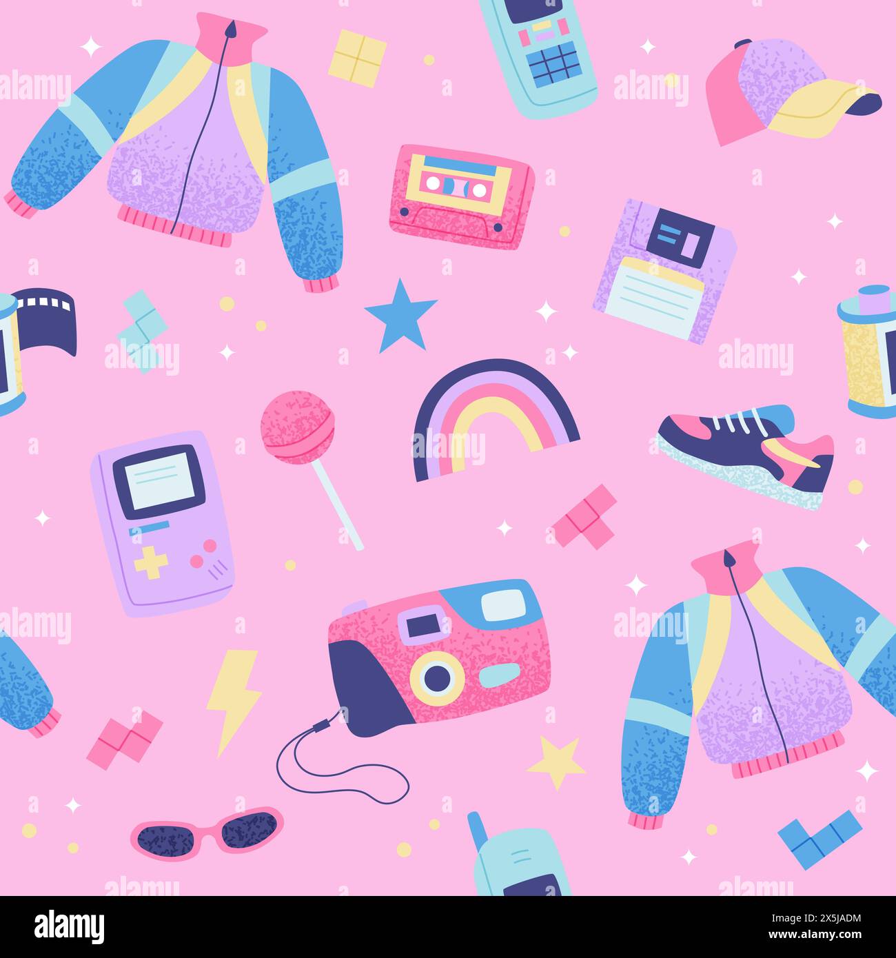 90s retro seamless pattern. Cute bright multicolor elements. Vector illustration in trendy flat style Stock Vector