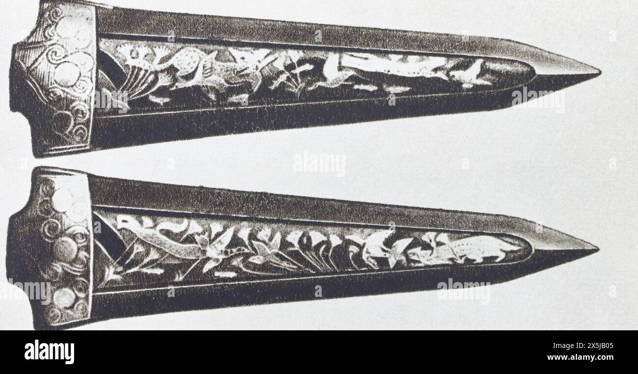 Bronze Mycenaean daggers found in Mycenaean mine tombs. Photographs of the first half of the 20th century. Stock Photo
