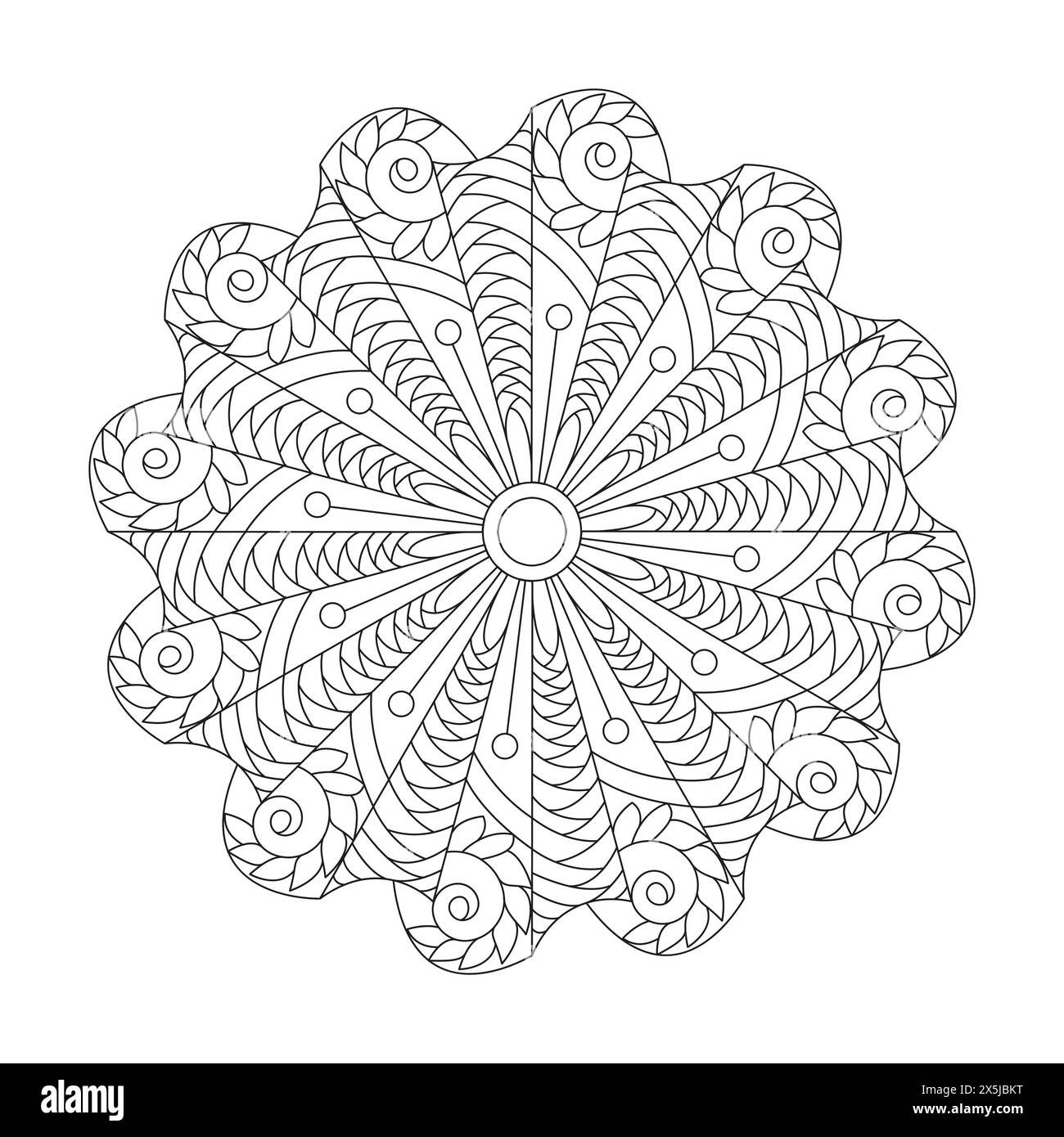 Whirlwind Kids Mandala Colouring Book Page for KDP Book Interior. Peaceful Petals, Ability to Relax, Brain Experiences, Harmonious Haven, Peaceful Port Stock Vector