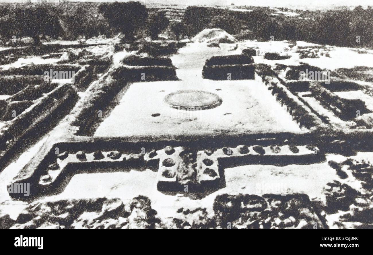 The palace at Pylos after archaeological clearing in the mid-20th century. Photography from the mid-20th century. Stock Photo