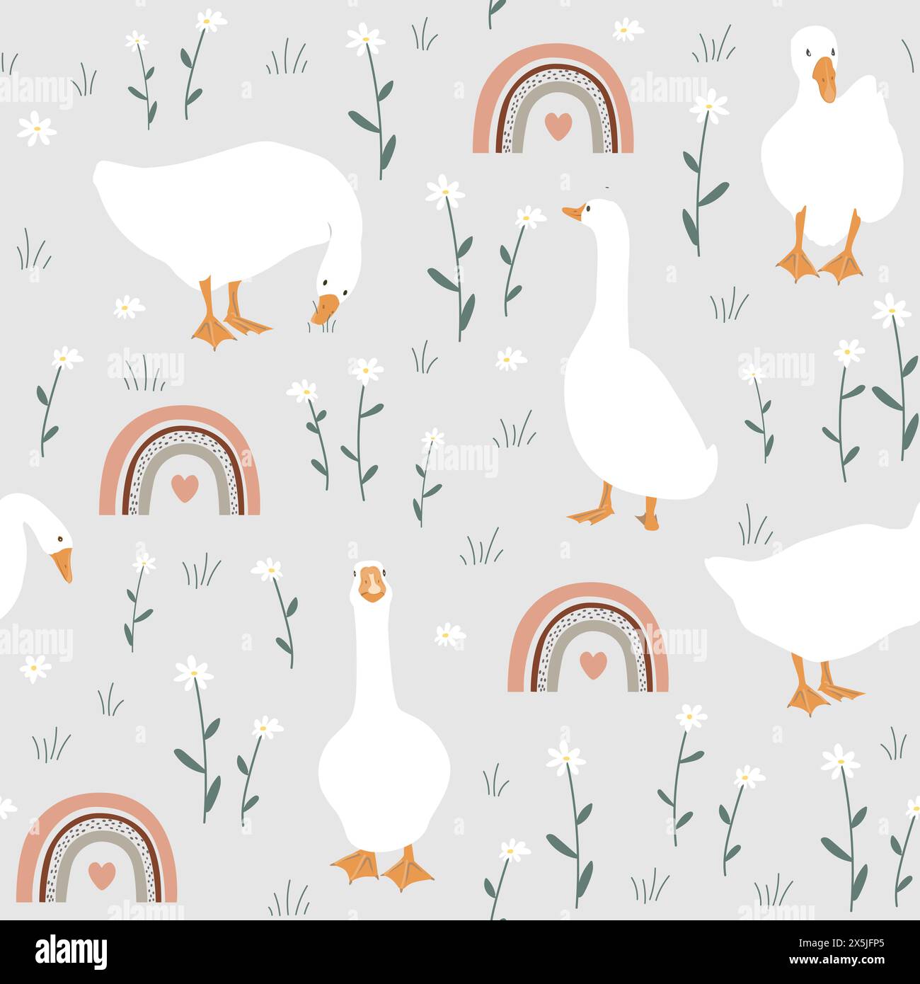 Hand drawn nursery pattern with cute cartoon goose, flowers, and rainbows. Seamless pattern Stock Vector