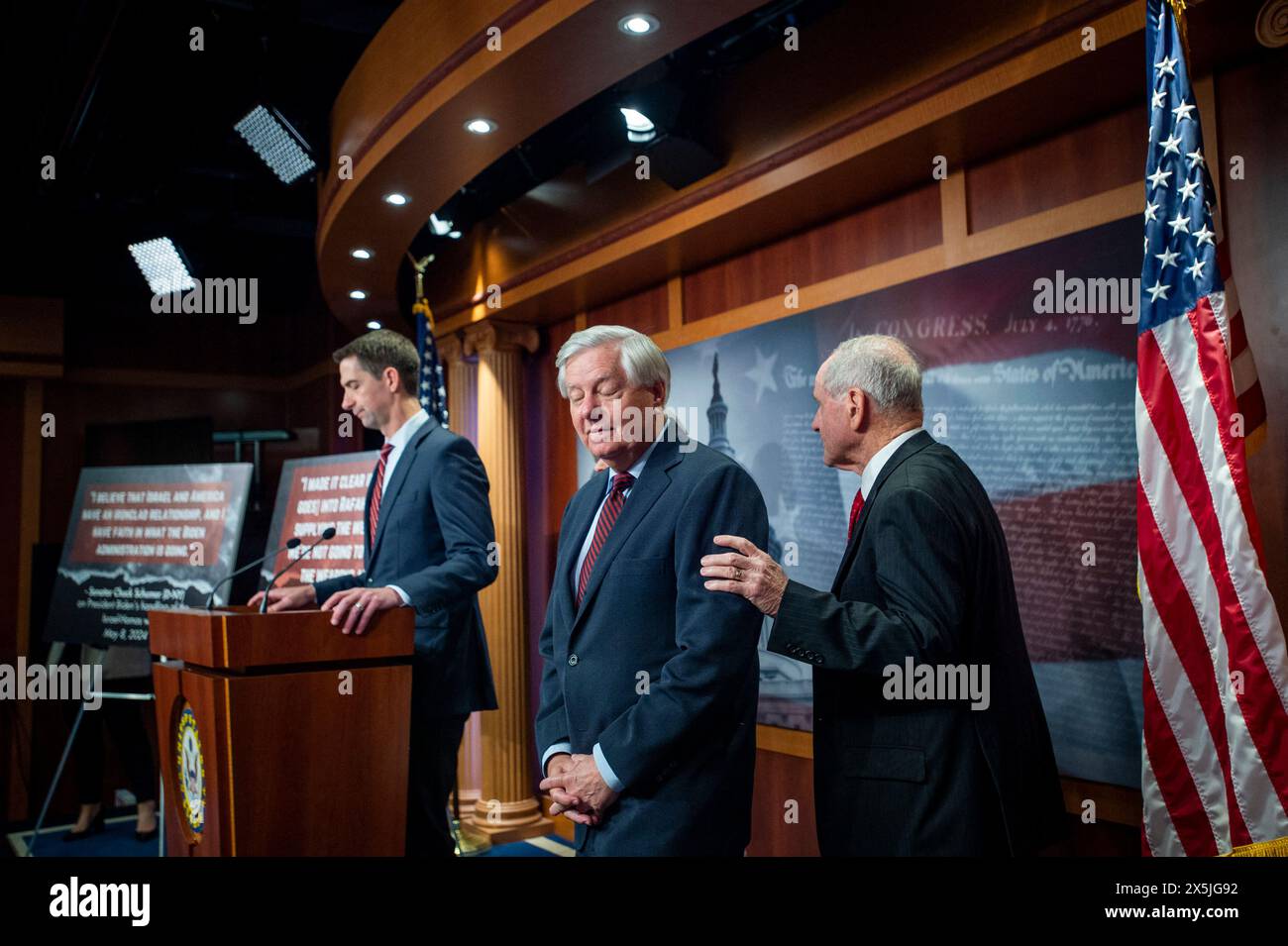 Washington, United States. 09th May, 2024. United States Senator Tom Cotton (Republican of Arkansas), left, United States Senator Lindsey Graham (Republican of South Carolina), center, and United States Senator Jim Risch (Republican of Idaho), right, arrive for a press conference on a resolution condemning restricting weapons for Israel by the Biden Administration, at the US Capitol in Washington, DC, Thursday, May 9, 2024. Photo by Rod Lamkey/CNP/ABACAPRESS.COM Credit: Abaca Press/Alamy Live News Stock Photo