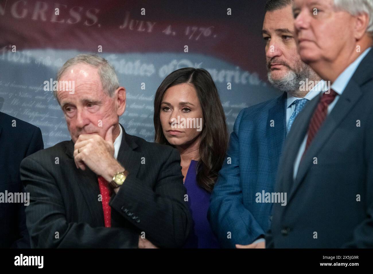 Washington, United States. 09th May, 2024. United States Senator Jim Risch (Republican of Idaho), left, United States Senator Katie Britt (Republican of Alabama), second from left, United States Senator Ted Cruz (Republican of Texas), second from right, and United States Senator Lindsey Graham (Republican of South Carolina), right, attend a press conference on a resolution condemning restricting weapons for Israel by the Biden Administration, at the US Capitol in Washington, DC, Thursday, May 9, 2024. Photo by Rod Lamkey/CNP/ABACAPRESS.COM Credit: Abaca Press/Alamy Live News Stock Photo