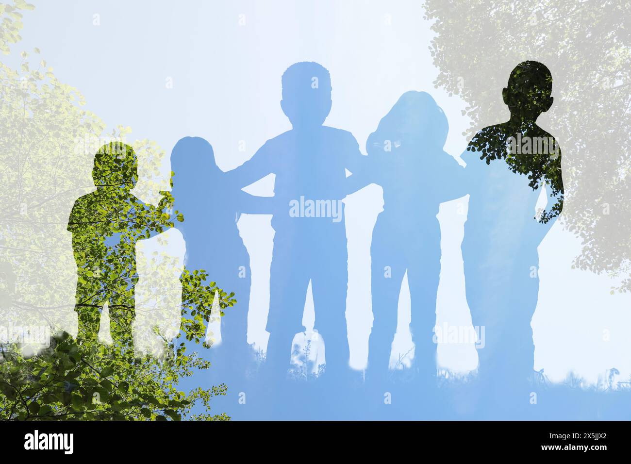 Silhouettes of children, sky and trees outdoors, double exposure Stock Photo