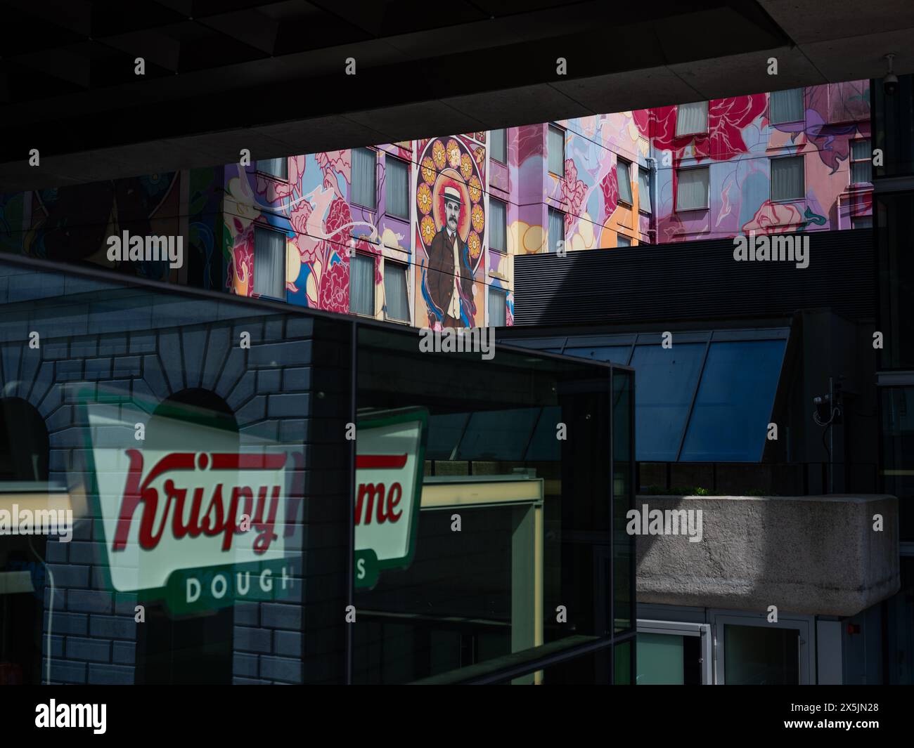 A Bloomsday mural on the wall of a hotel in Dublin city centre, Ireland. Stock Photo