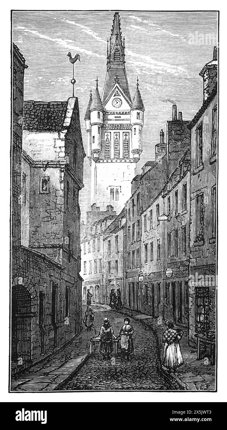 Ship Row, Aberdeen, Scotland in the late 19th century. This view looks north towrds the junction with Union Street. Most of the houses in this images have been replaced with modern buildings, though Provost Ross's house on the immediate left of this image still exists.. Black and White Illustration from Our Own Country Vol III published by Cassell, Petter, Galpin & Co. in the late 19th century. Stock Photo
