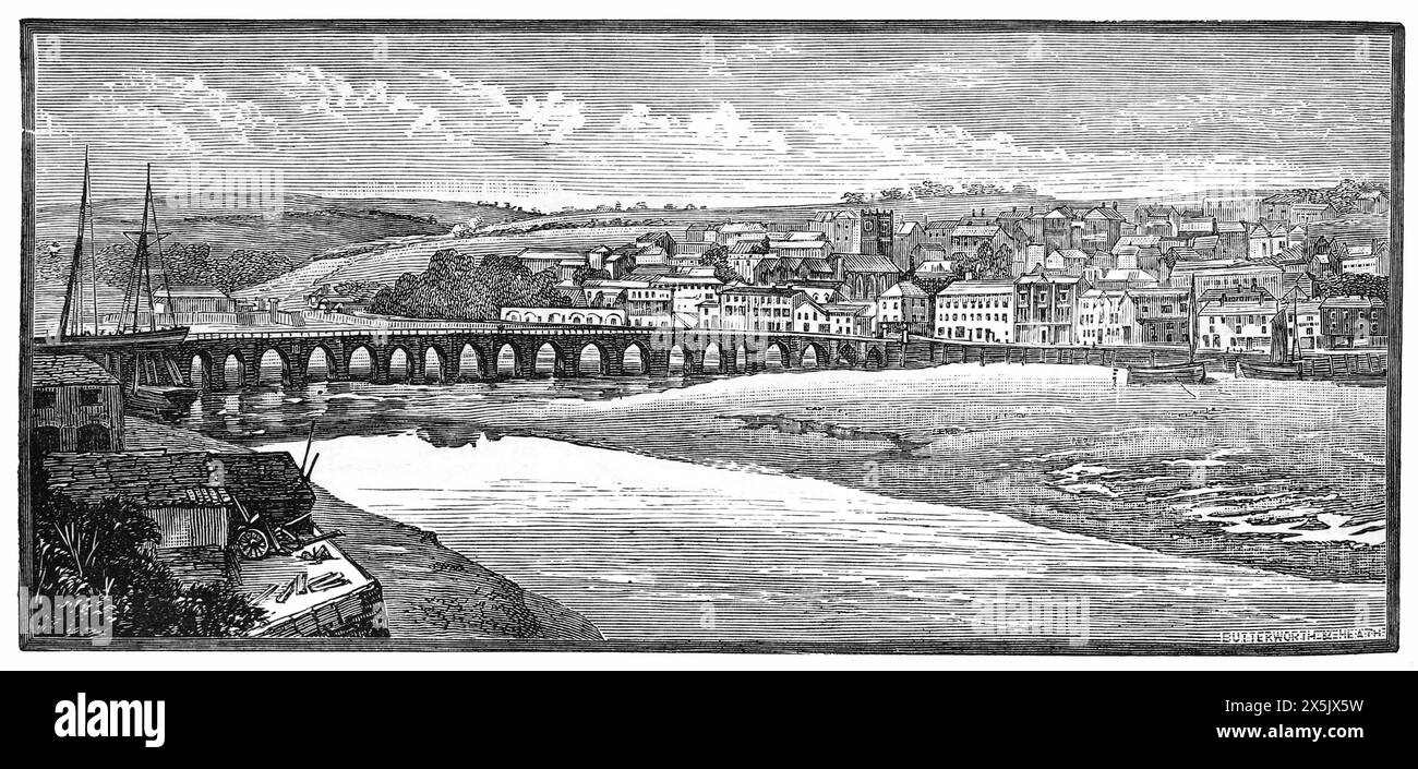 Bideford Bridge on the River Torridge, North Devon as it appeared in the late 19th century. Black and White Illustration from Our Own Country Vol III published by Cassell, Petter, Galpin & Co. in the late 19th century. Stock Photo