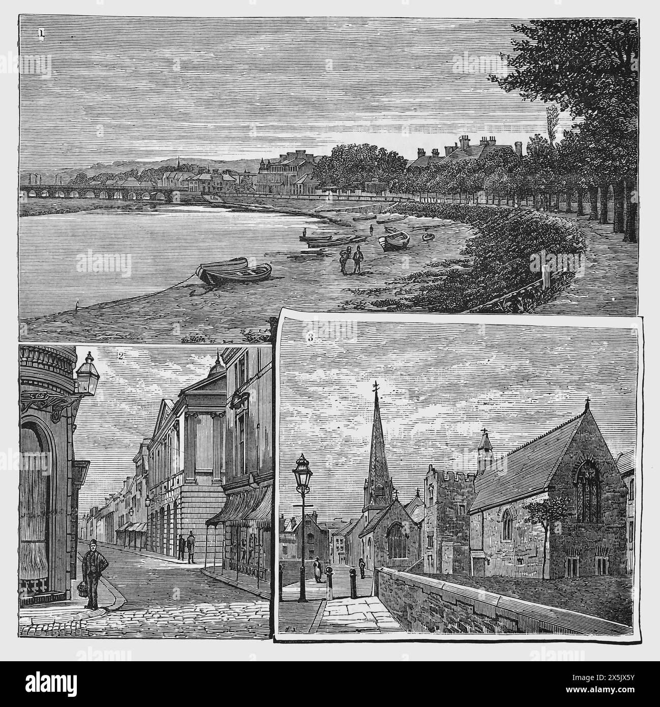 Scenes in Barnstaple in North Devon in the late 19th century. 1. The Long Bridge from the South Walk. 2. The Guildhall and High Street. 3. The Grammar School and Parish Church. Black and White Illustration from Our Own Country Vol III published by Cassell, Petter, Galpin & Co. in the late 19th century. Stock Photo