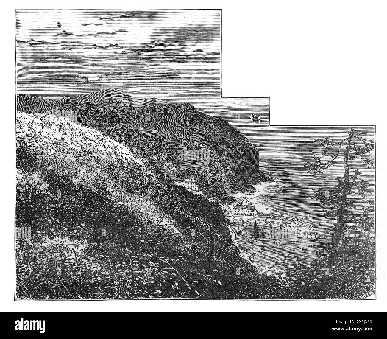 Clovelly, North Devon, viewed from The Hobby Drive. As it appeared in the late 19th century. Black and White Illustration from Our Own Country Vol III published by Cassell, Petter, Galpin & Co. in the late 19th century. Stock Photo