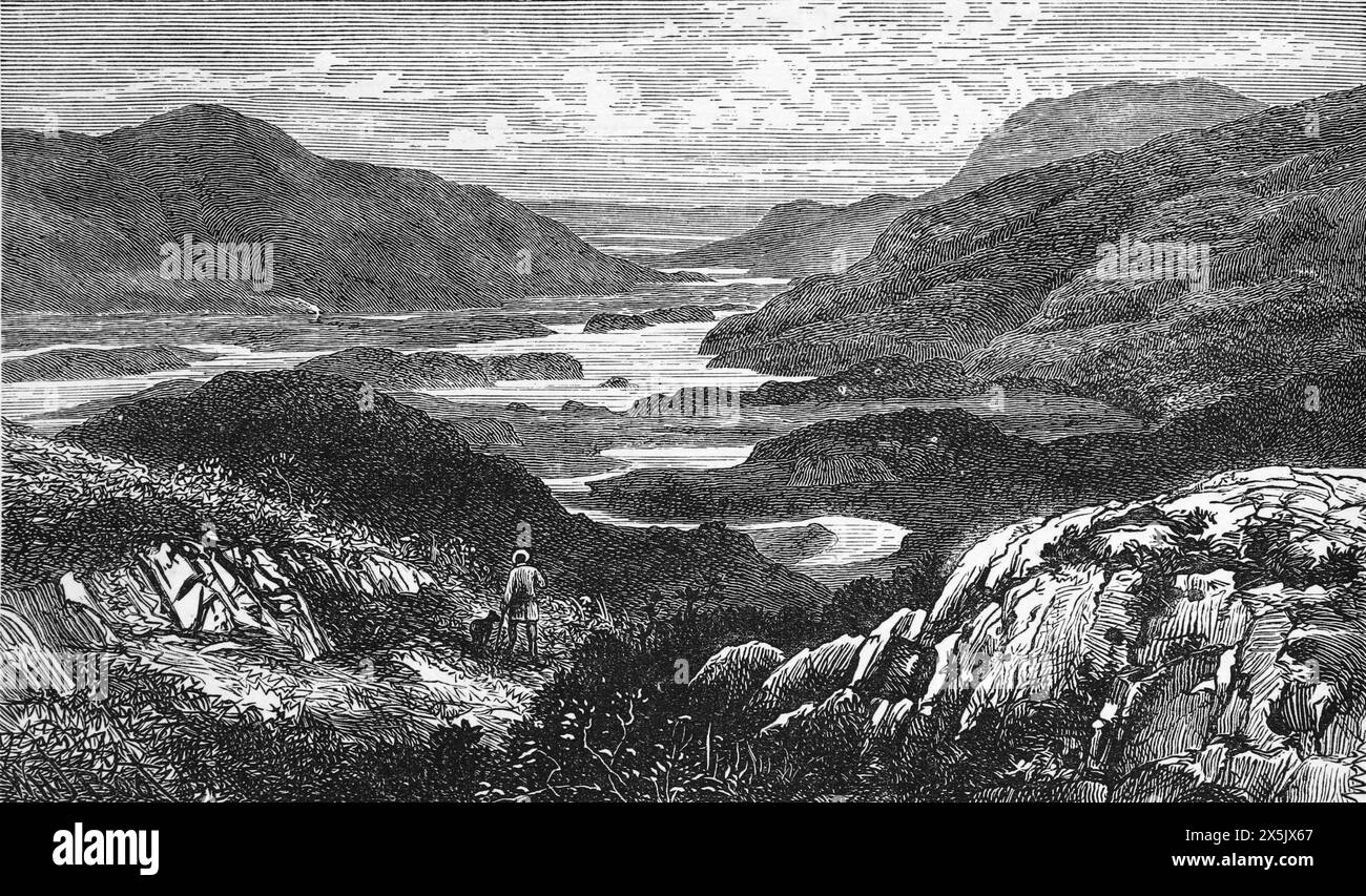View of the Lakes of Killlarney, Killarney National Park, County Kerry, Ireland, in the late 19th century. Black and White Illustration from Our Own Country Vol III published by Cassell, Petter, Galpin & Co. in the late 19th century. Stock Photo