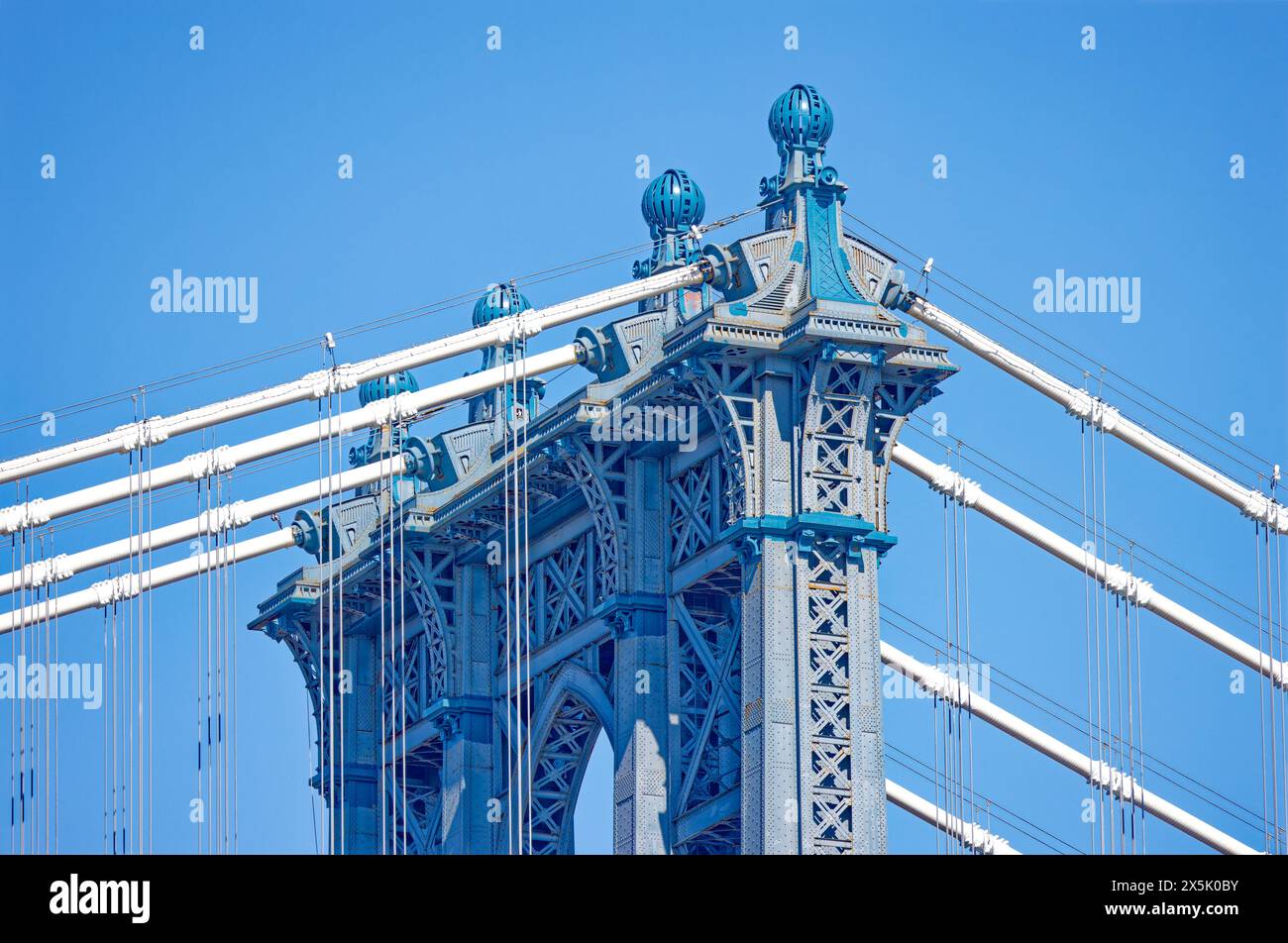 Tower detail, Manhattan Bridge — last built of the three lower East River spans linking Brooklyn and Manhattan. Stock Photo