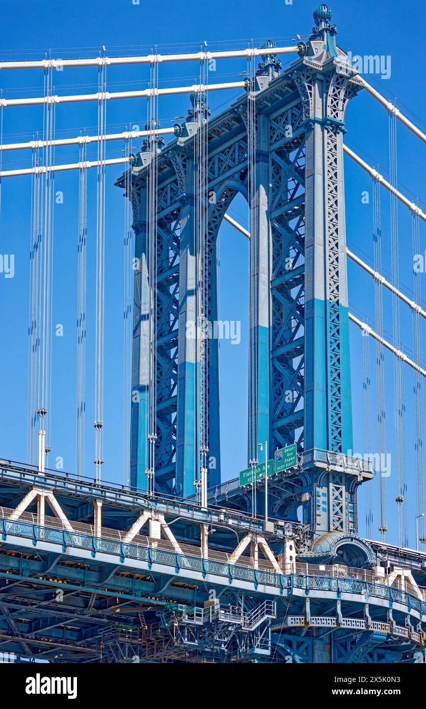 Tower detail, Manhattan Bridge — last built of the three lower East River spans linking Brooklyn and Manhattan. Stock Photo