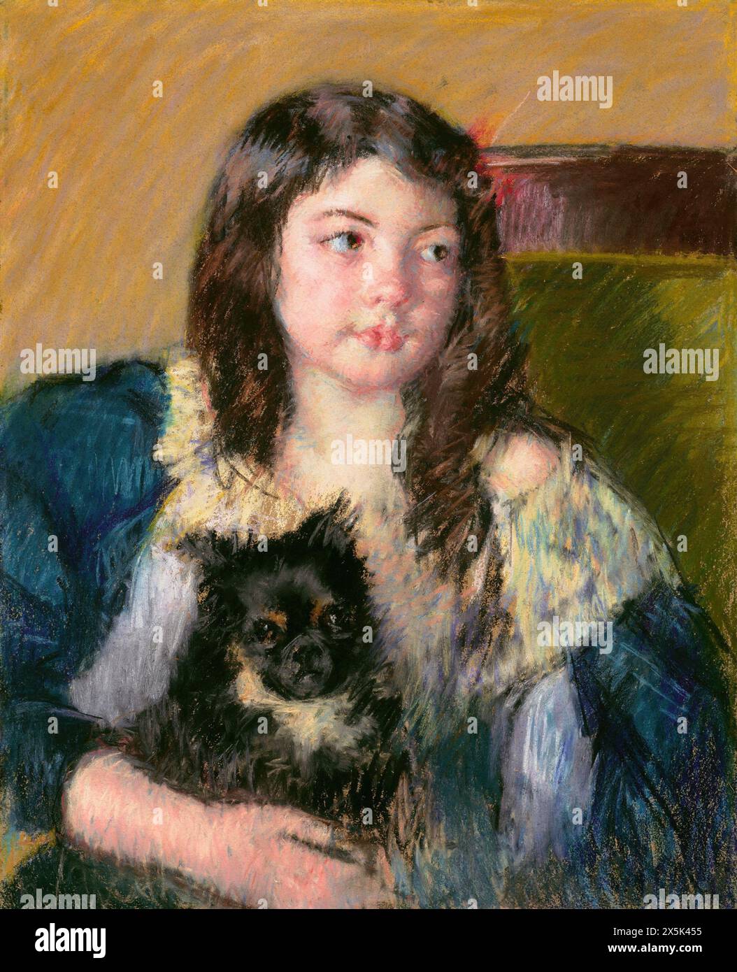 Painting by american artist Mary Cassatt (1844-1926) Françoise, Holding a Little Dog, Looking Far to the Right (1909) Stock Photo