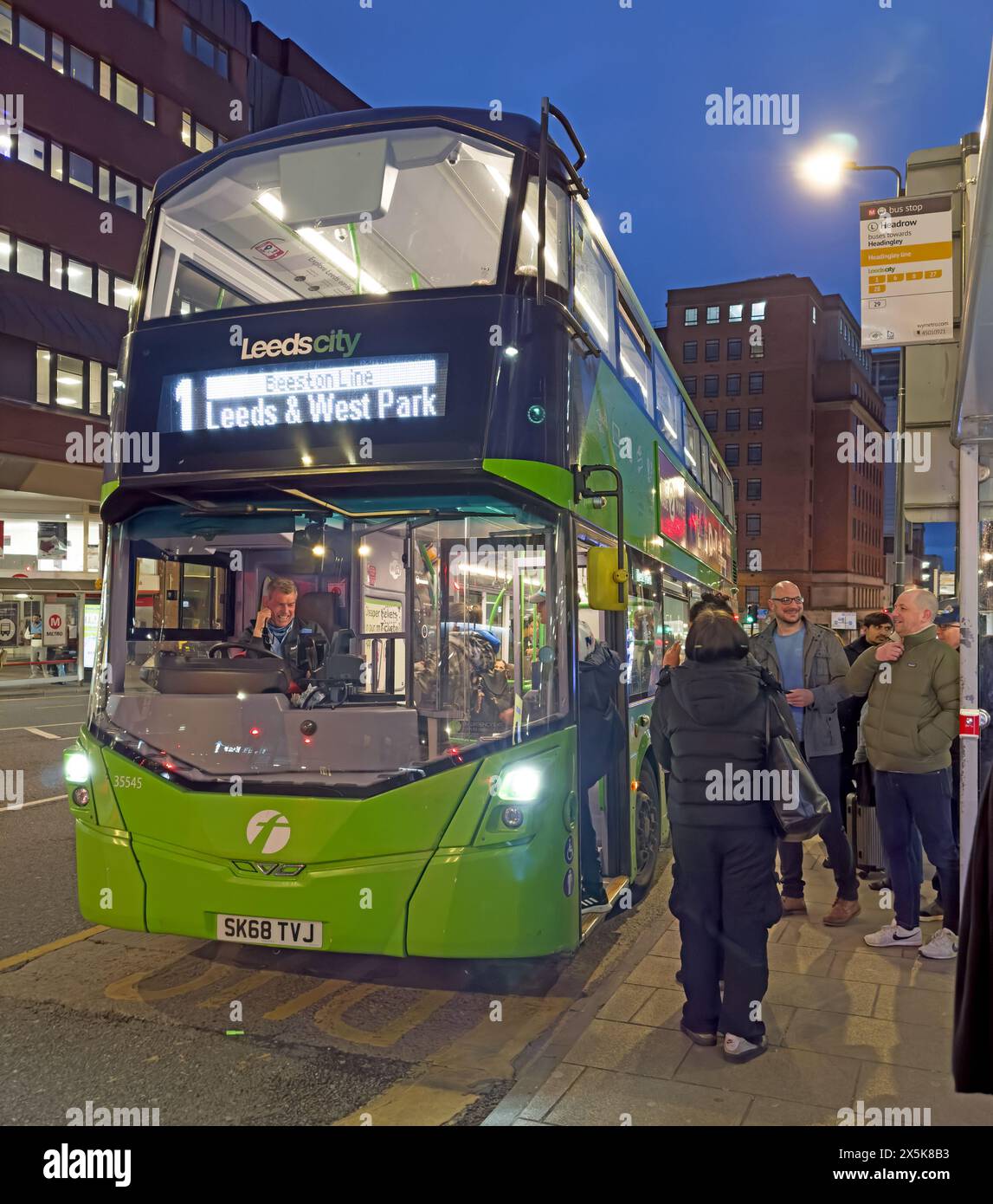FirstBus 35545 LeedsCity WyMetro service 1 Beeston Line, on The Headrow, Leeds, West Yorkshire, England, LS1 6PU Stock Photo