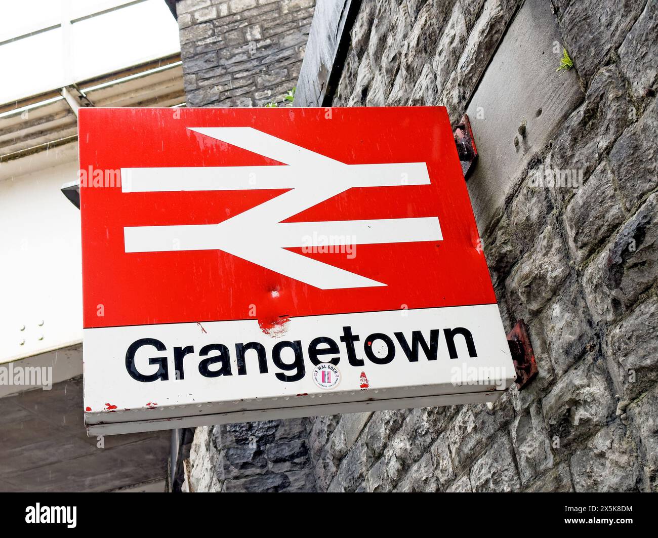Red / White BR sign - Grangetown district Railway Station entrance , Cardiff, Wales, CF11 7JB Stock Photo