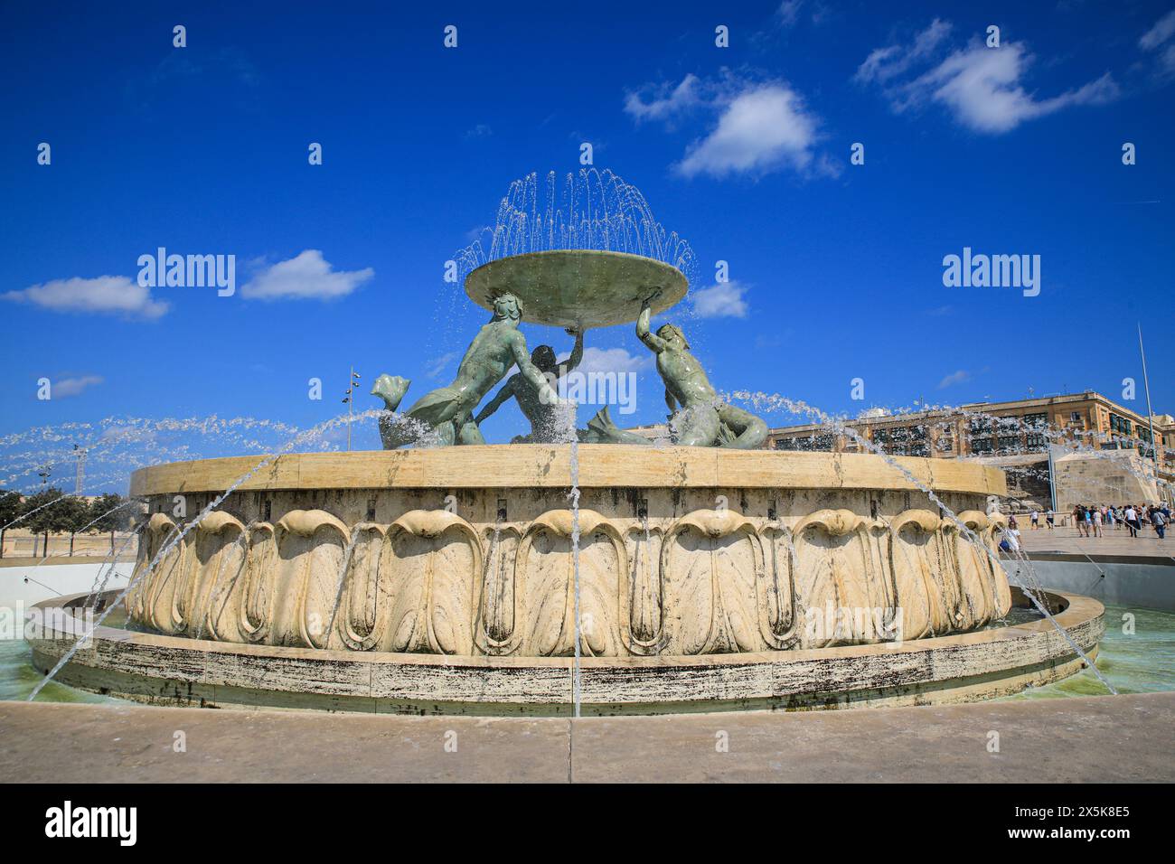 Valletta, Malta. Triton Fountain, water fountain with sculptures Stock Photo