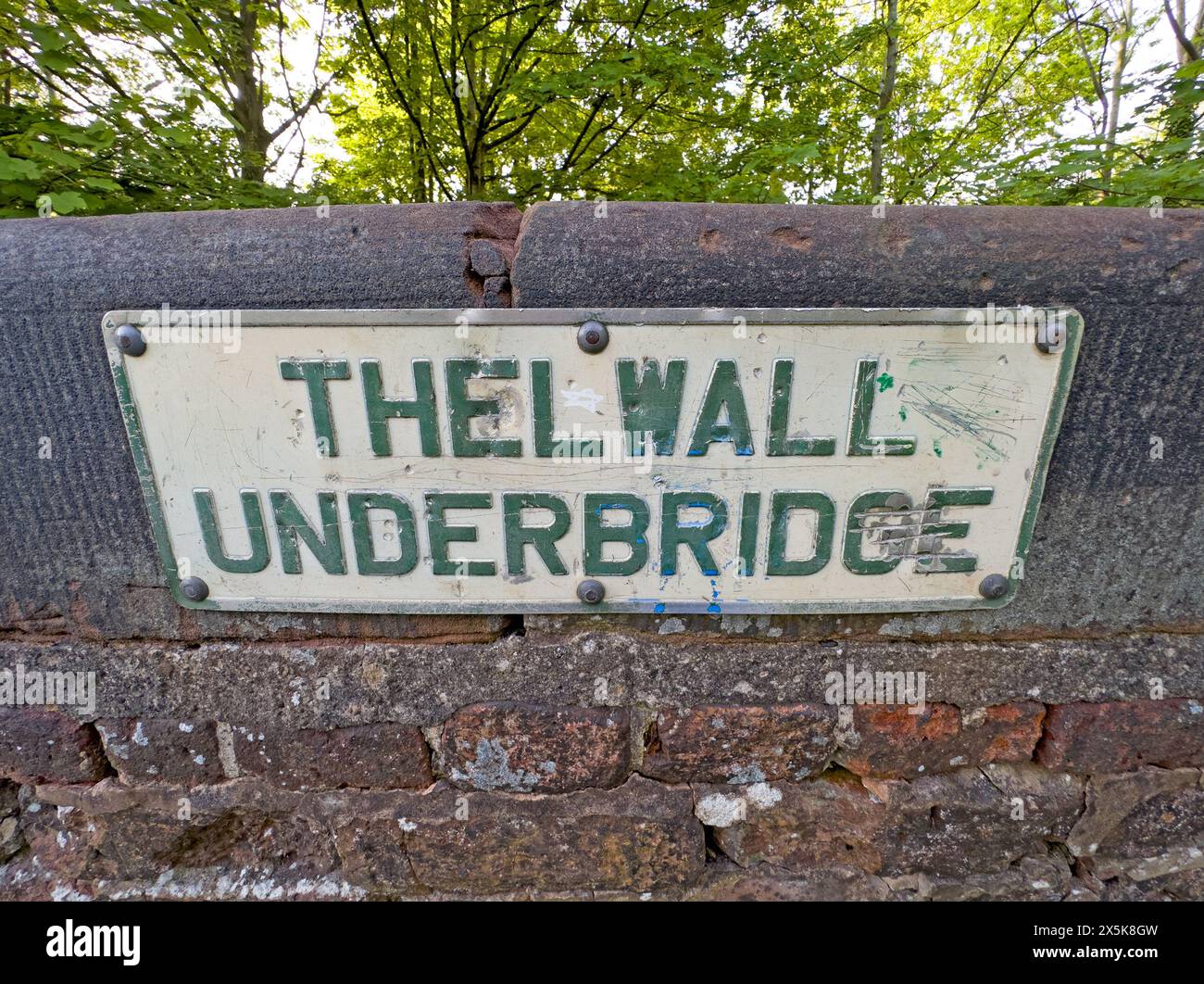 Thelwall Underbridge sign, Halfacre Lane, Bridgewater Canal, Warrington, Cheshire, England, UK, WA4 2GW Stock Photo