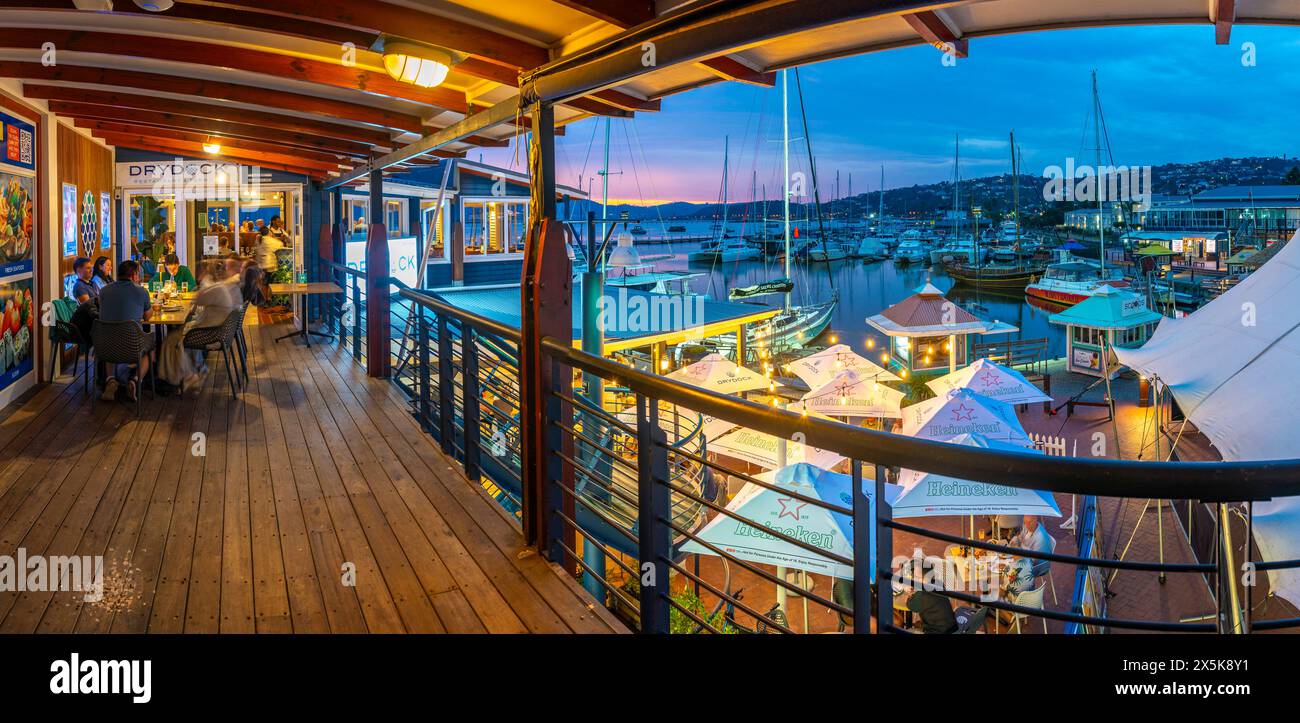View of boats and restaurants at Knysna Waterfront at dusk, Knysna, Western Cape Province, South Africa, Africa Copyright: FrankxFell 844-33435 Stock Photo