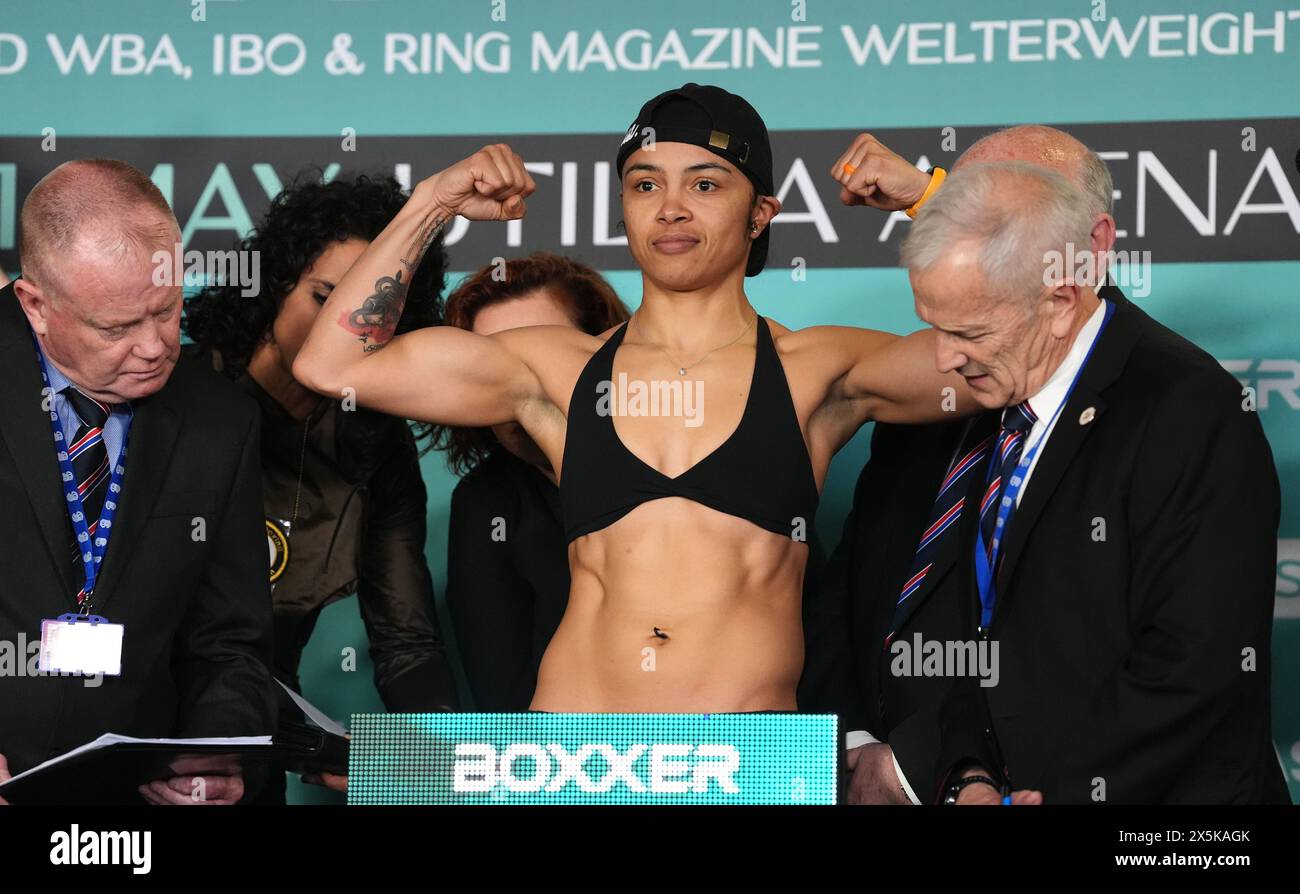 Jessica McCaskill during the weigh in at the Cardiff City Stadium. Picture date: Friday May 10, 2024. Stock Photo