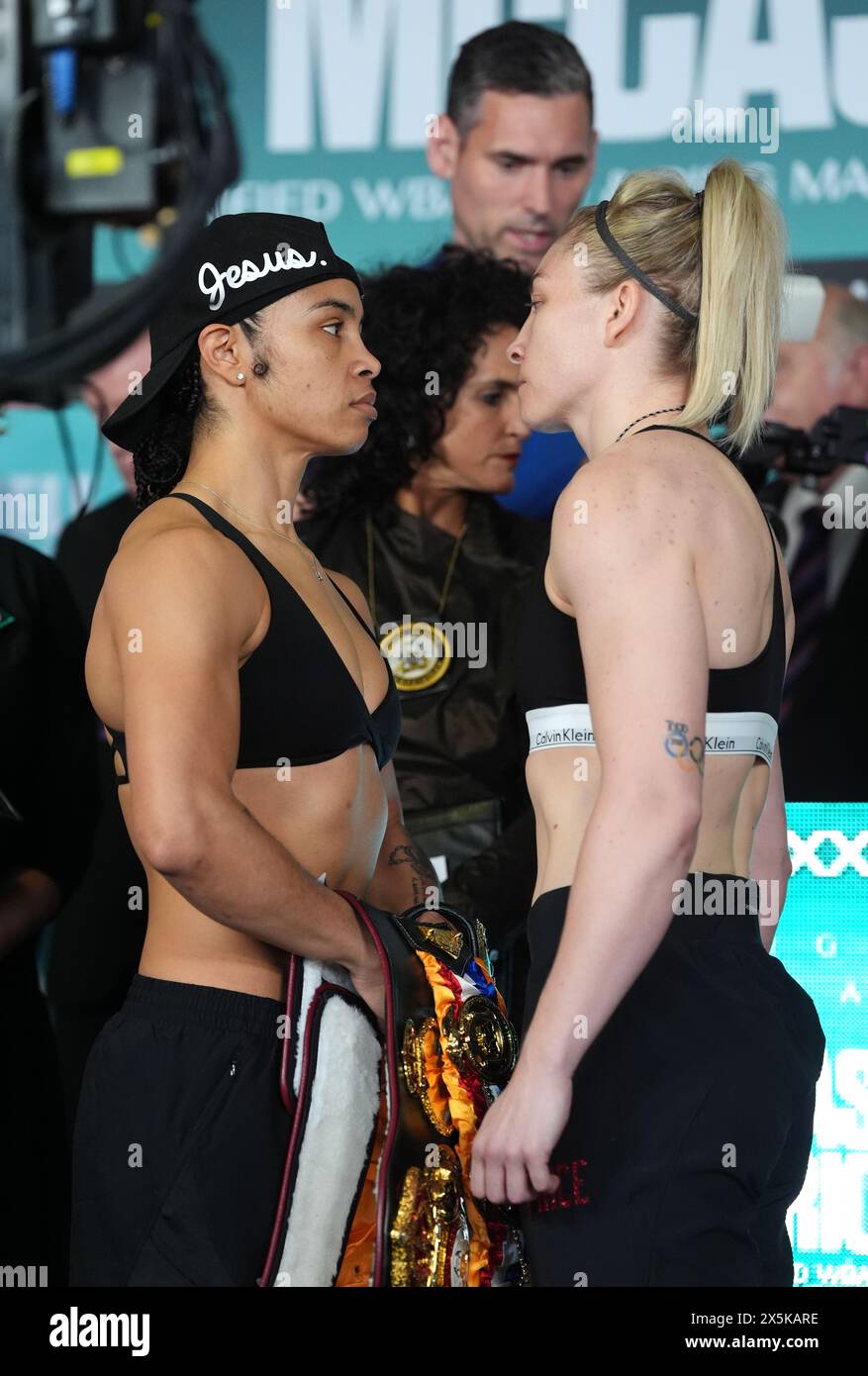 Jessica McCaskill (left) and Lauren Price during the weigh in at the Cardiff City Stadium. Picture date: Friday May 10, 2024. Stock Photo