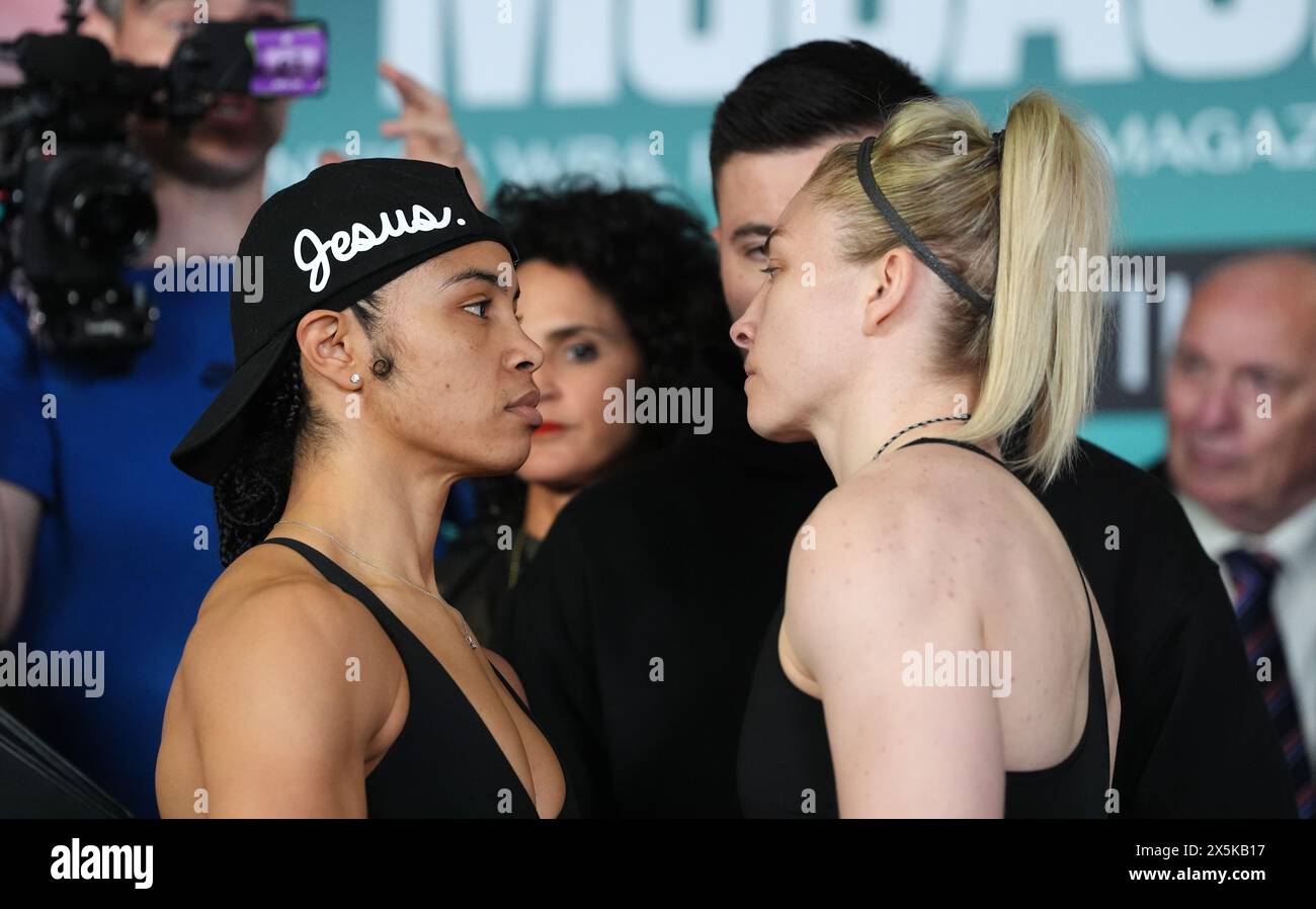 Jessica McCaskill (left) and Lauren Price during the weigh in at the Cardiff City Stadium. Picture date: Friday May 10, 2024. Stock Photo