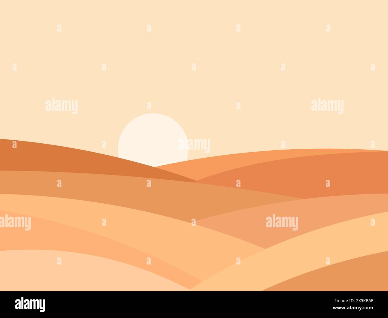 Desert landscape with dunes and sun in a minimalist style. Desert wavy ...