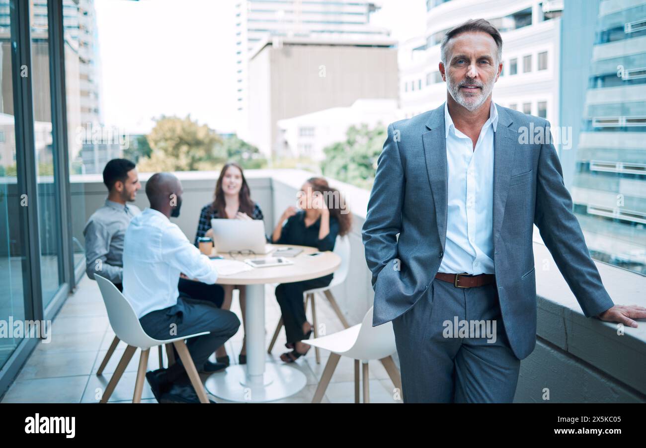 Manager, business meeting and people outside in portrait, employees and ...