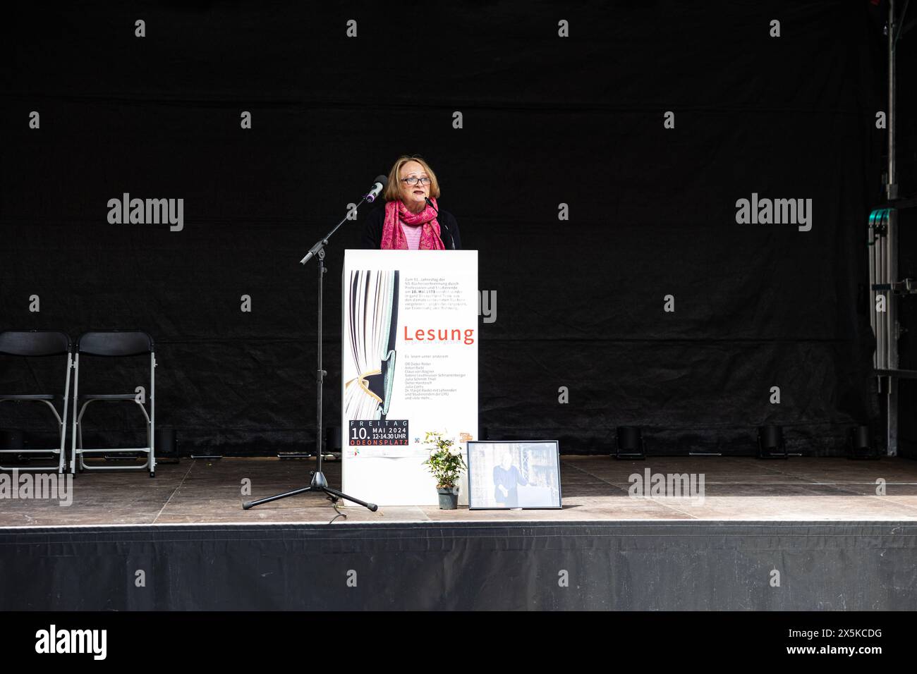 Munich, Germany. 10th May, 2024. NRW Antisemitism Commissioner Sabine Leutheusser-Schnarrenberger ( FDP ) at the reading from books burned by the Nazis during the book burning under the motto ' BOOKS FROM THE FIRE/Remember, commemorate, admonish - against forgetting, for tolerance! ' on May 10, 2024 in Munich, Germany. (Photo by Alexander Pohl/Sipa USA) Credit: Sipa USA/Alamy Live News Stock Photo