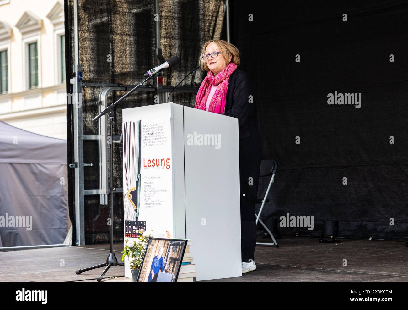 Munich, Germany. 10th May, 2024. NRW Antisemitism Commissioner Sabine Leutheusser-Schnarrenberger ( FDP ) at the reading from books burned by the Nazis during the book burning under the motto ' BOOKS FROM THE FIRE/Remember, commemorate, admonish - against forgetting, for tolerance! ' on May 10, 2024 in Munich, Germany. (Photo by Alexander Pohl/Sipa USA) Credit: Sipa USA/Alamy Live News Stock Photo