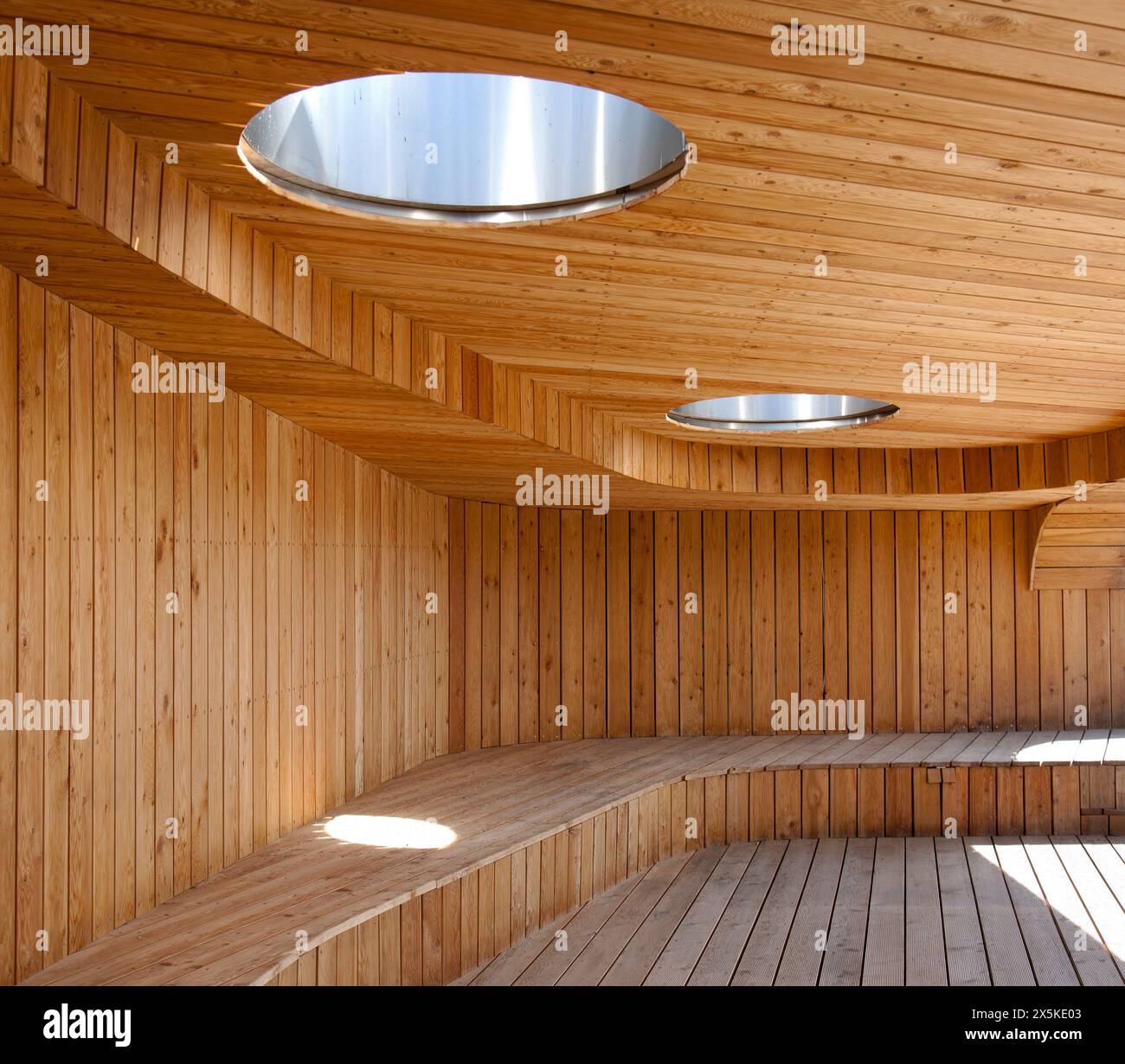 The Estonian Road Museum, visitor facilities, modern architecture, a wood clad washroom with basins and toilets. Stock Photo