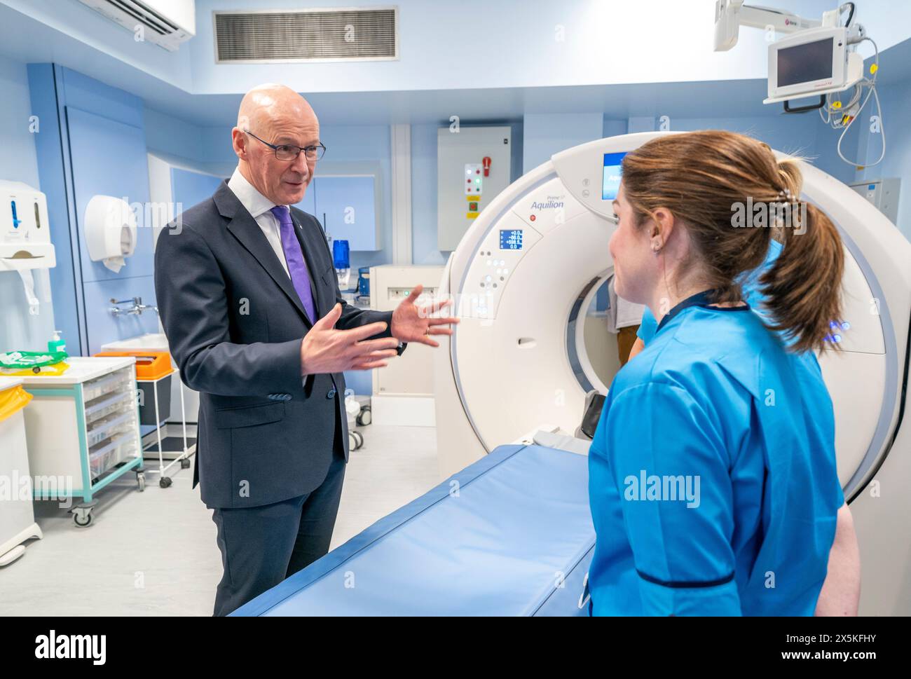 First Minister John Swinney during a visit to see a new CT scanner which delivers additional diagnostic capacity at St John's Hospital, Livingston, West Lothian. Picture date: Friday May 10, 2024. Stock Photo