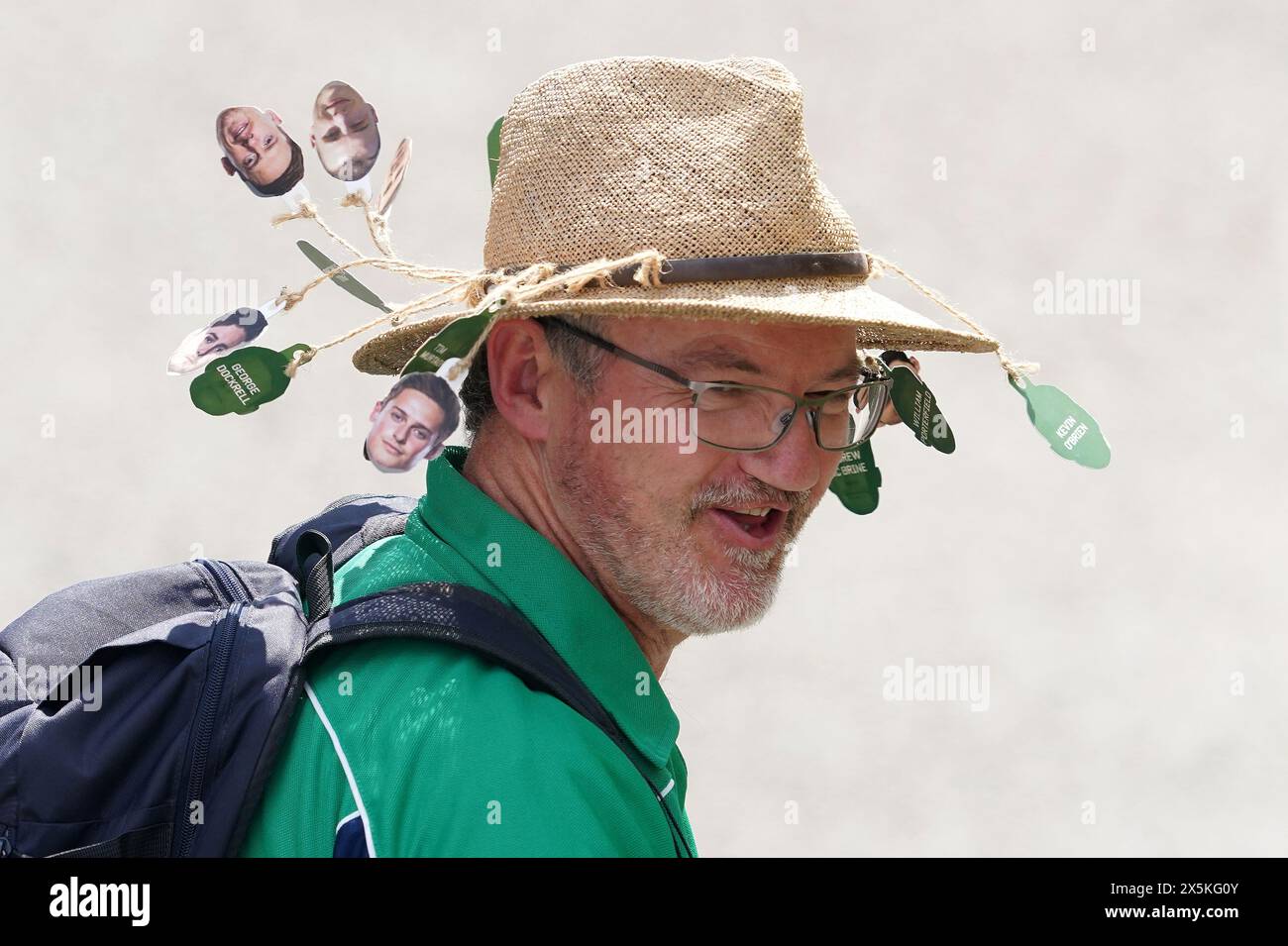 An Ireland cricket fan arrives before the first T20 international at Castle Avenue Cricket Ground, Dublin. Picture date: Friday May 10, 2024. Stock Photo