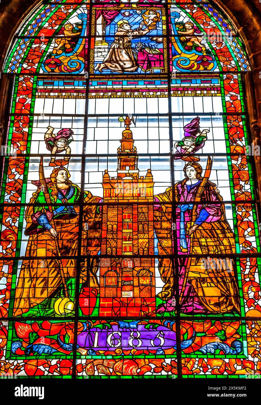 Giralda Tower stained glass, Seville Cathedral, Seville, Andalusia, Spain. built in the 1500's stained glass 1686 Stock Photo