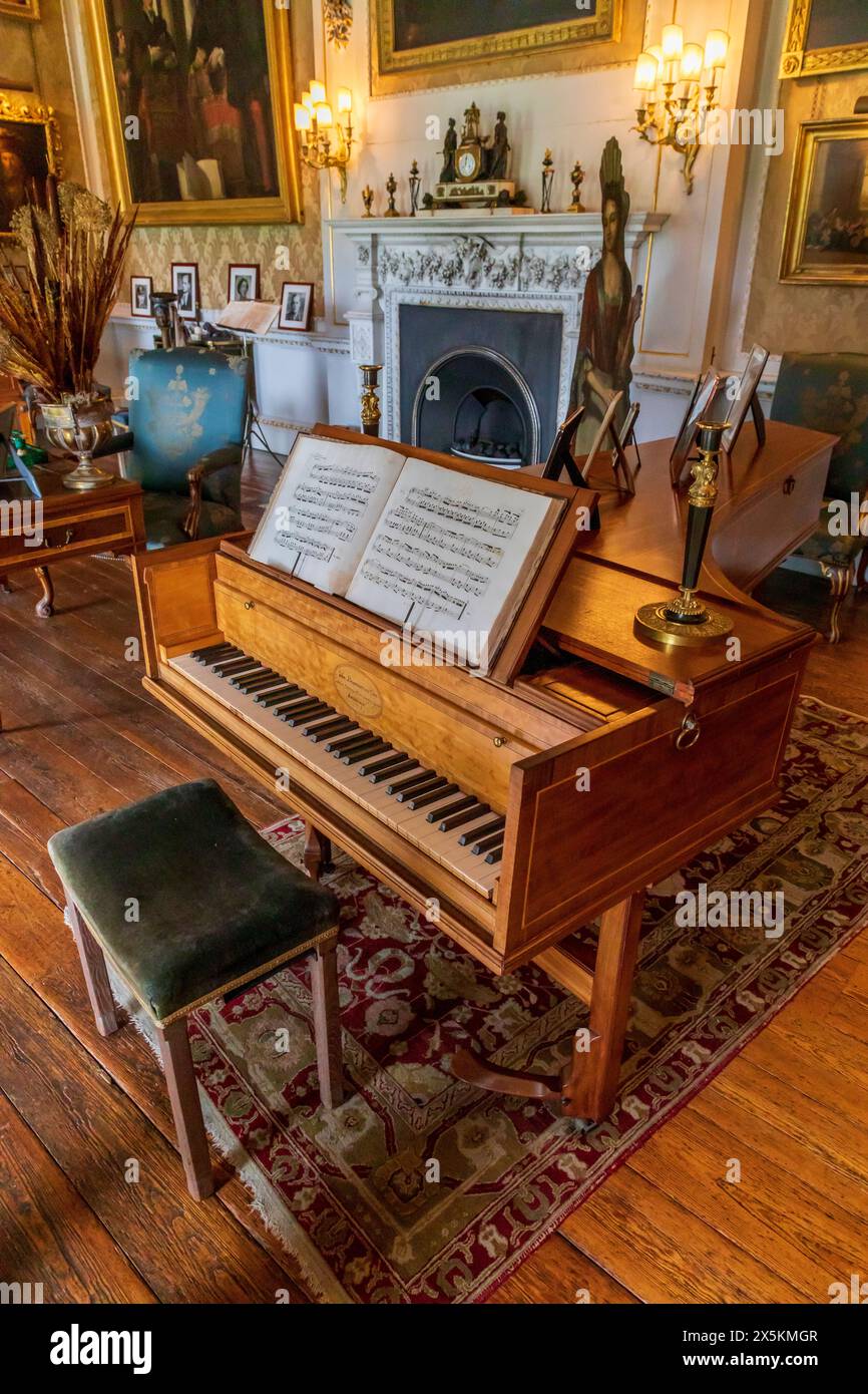 England, North Yorkshire, Henderskelfe. Castle Howard, harpsichord in music room. Seat of Carlisle branch of the Howard family for more than 300 years. Filming location for 'Brideshead' and 'Brideshead Revisited'. (Editorial Use Only) Stock Photo